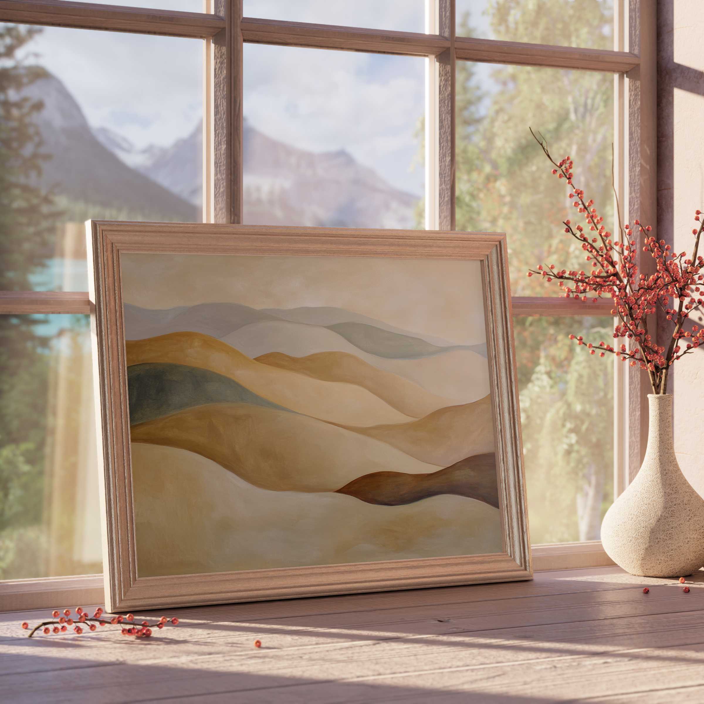 Serene neutral downloadable art showcasing soft desert dunes in warm beige and taupe tones, perfect for tranquil, curated interiors