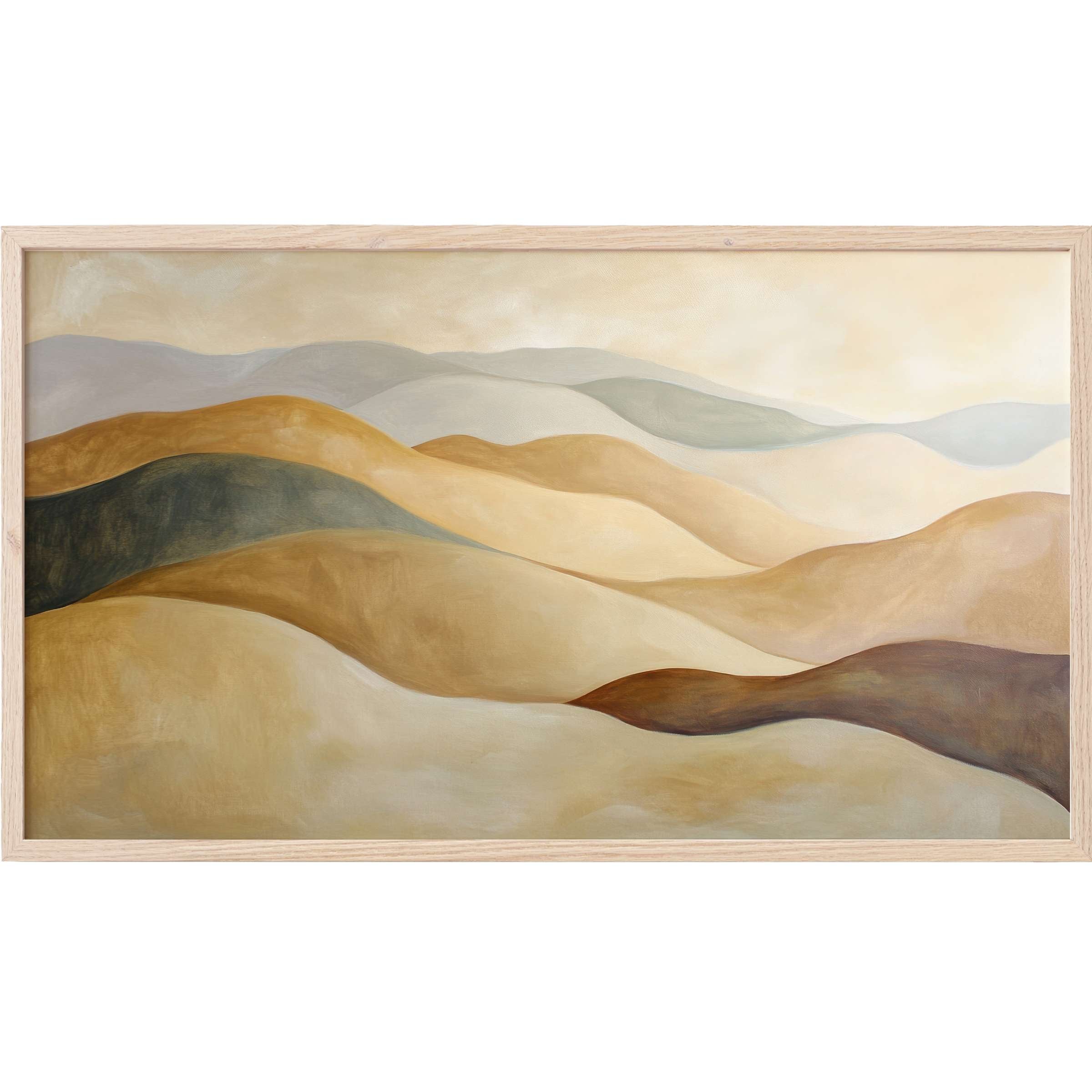 Neutral Frame TV Art showcasing soft, flowing hills in warm beige, gold, and muted gray tones with an elegant modern style