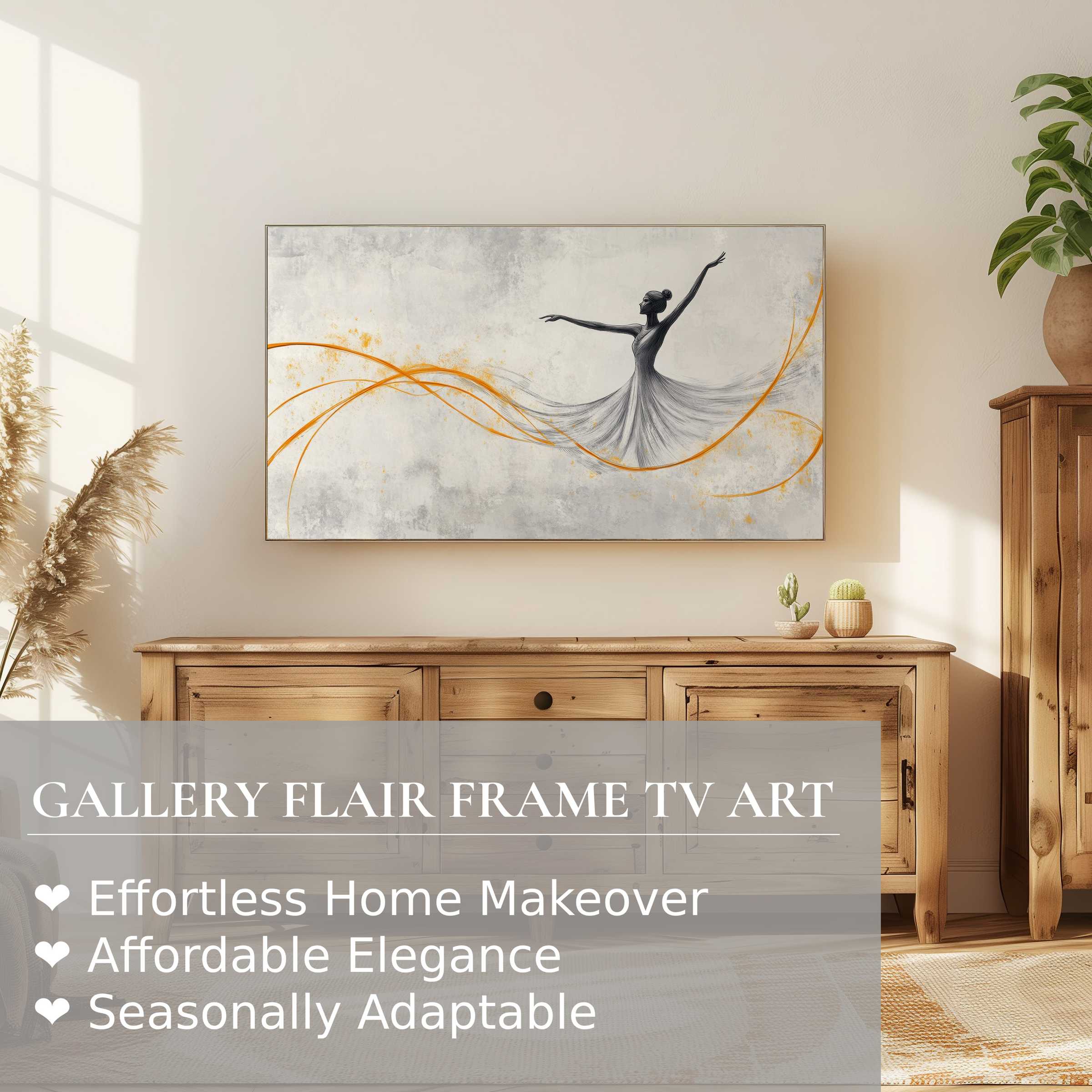 Samsung Frame TV displays minimalist digital artwork of a graceful dancer, enhancing refined modern home decor