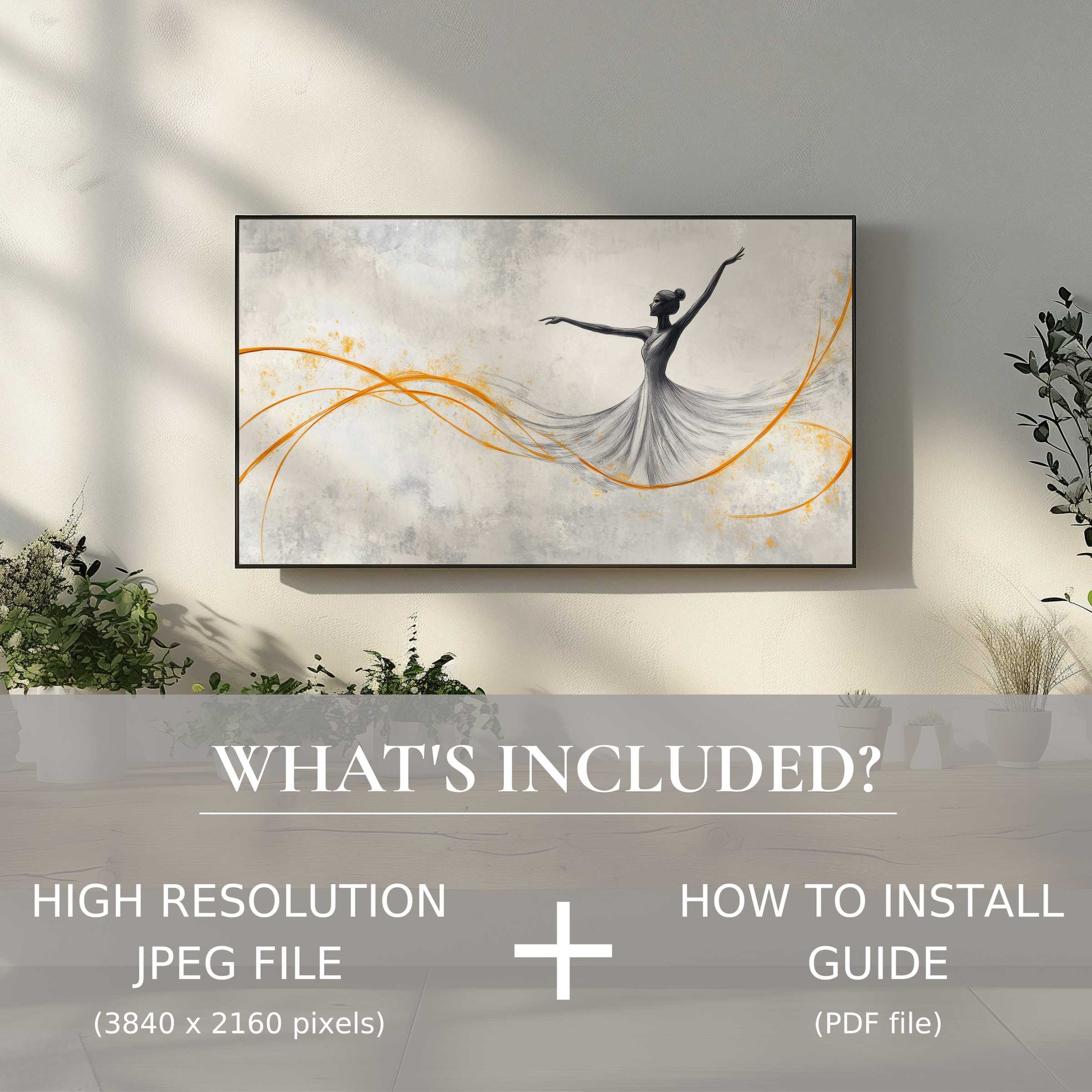 Elegant minimalist digital TV art download featuring a graceful dancer, enhancing your living space with easy digital use