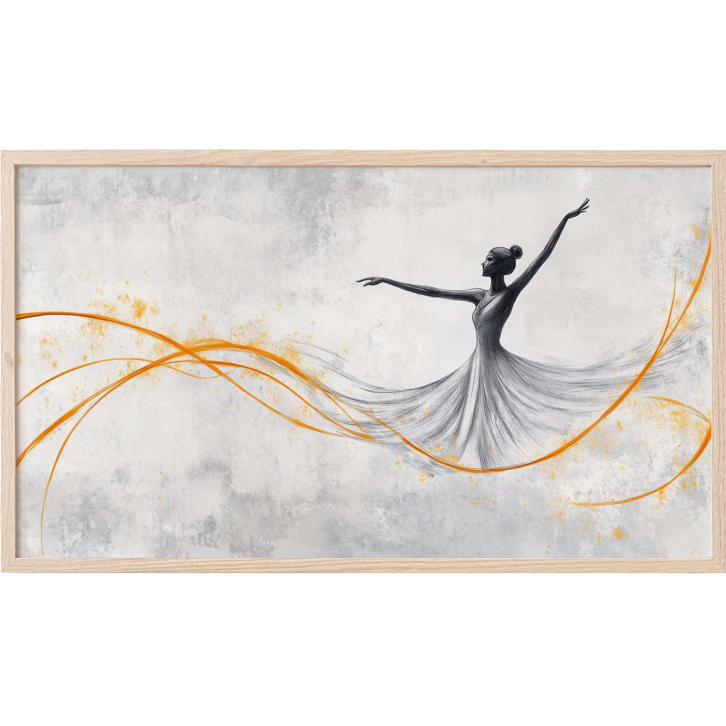 Elegant minimalist Frame TV Art of a graceful ballerina in flowing gray with dynamic orange swirls on soft gray