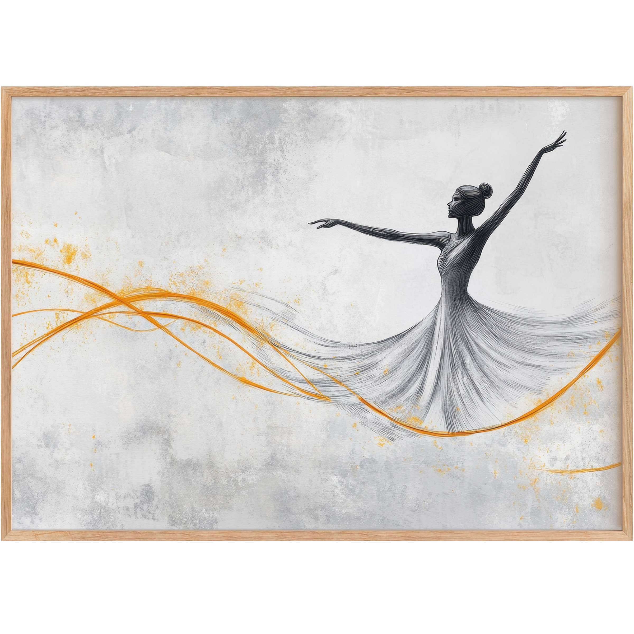 Graceful dancer in flowing gray tones meets vibrant orange waves, infusing serene movement with energy in minimalist printable wall art
