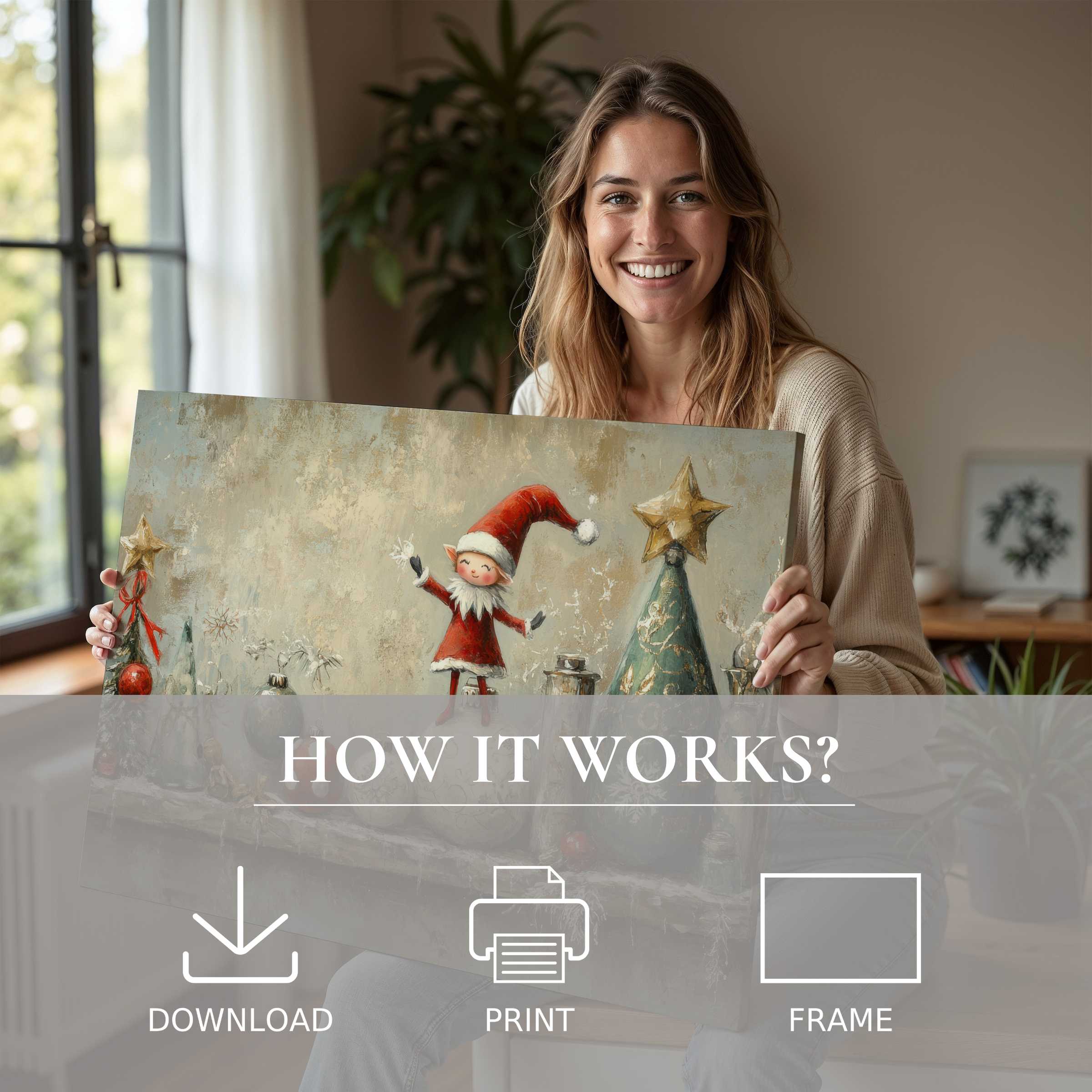 A woman radiates warmth and joy in a serene, modern home, unveiling a Christmas digital art print that elevates holiday spirit with timeless charm