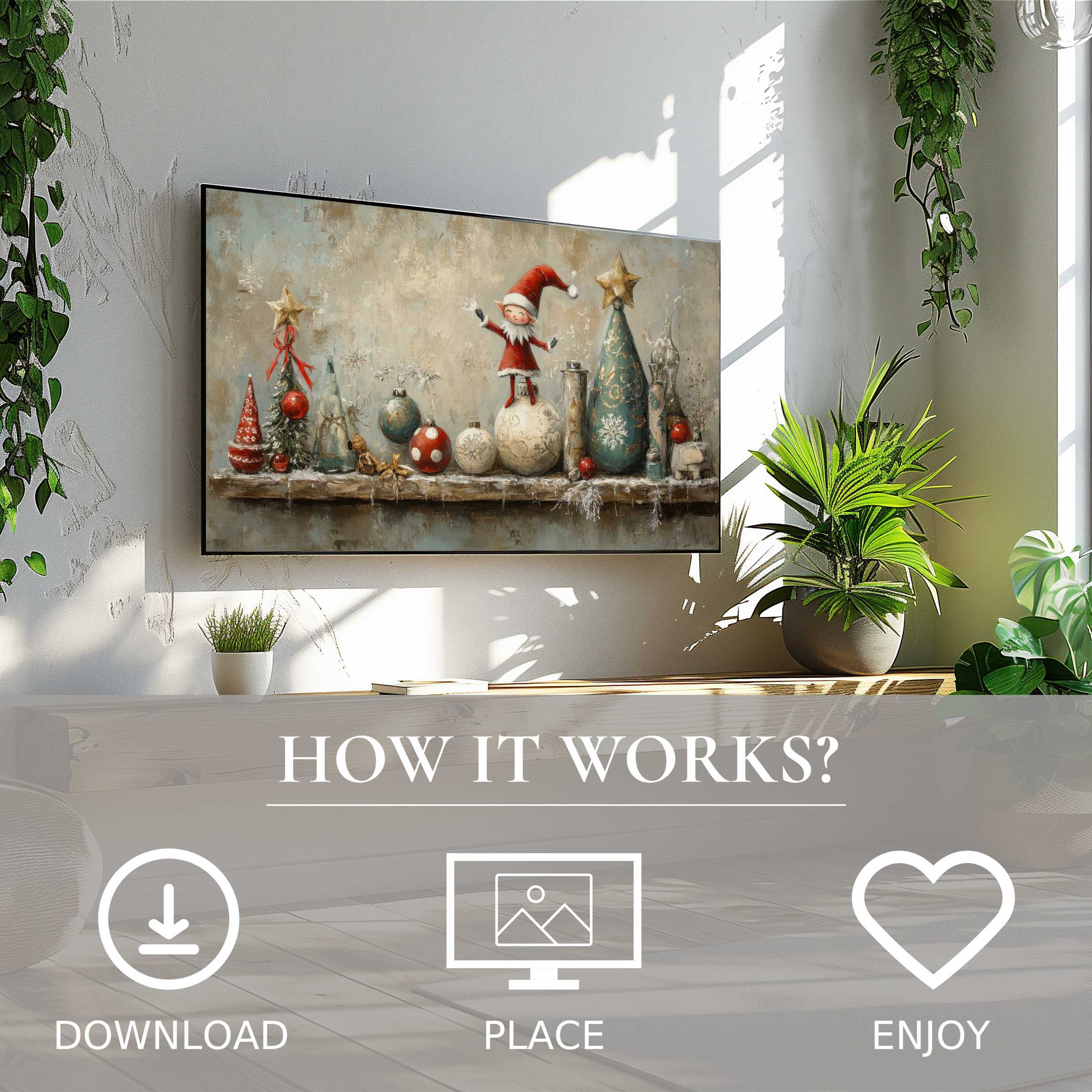 Christmas art for Samsung TV shows charming vintage holiday decor; easy digital download enriches modern living rooms
