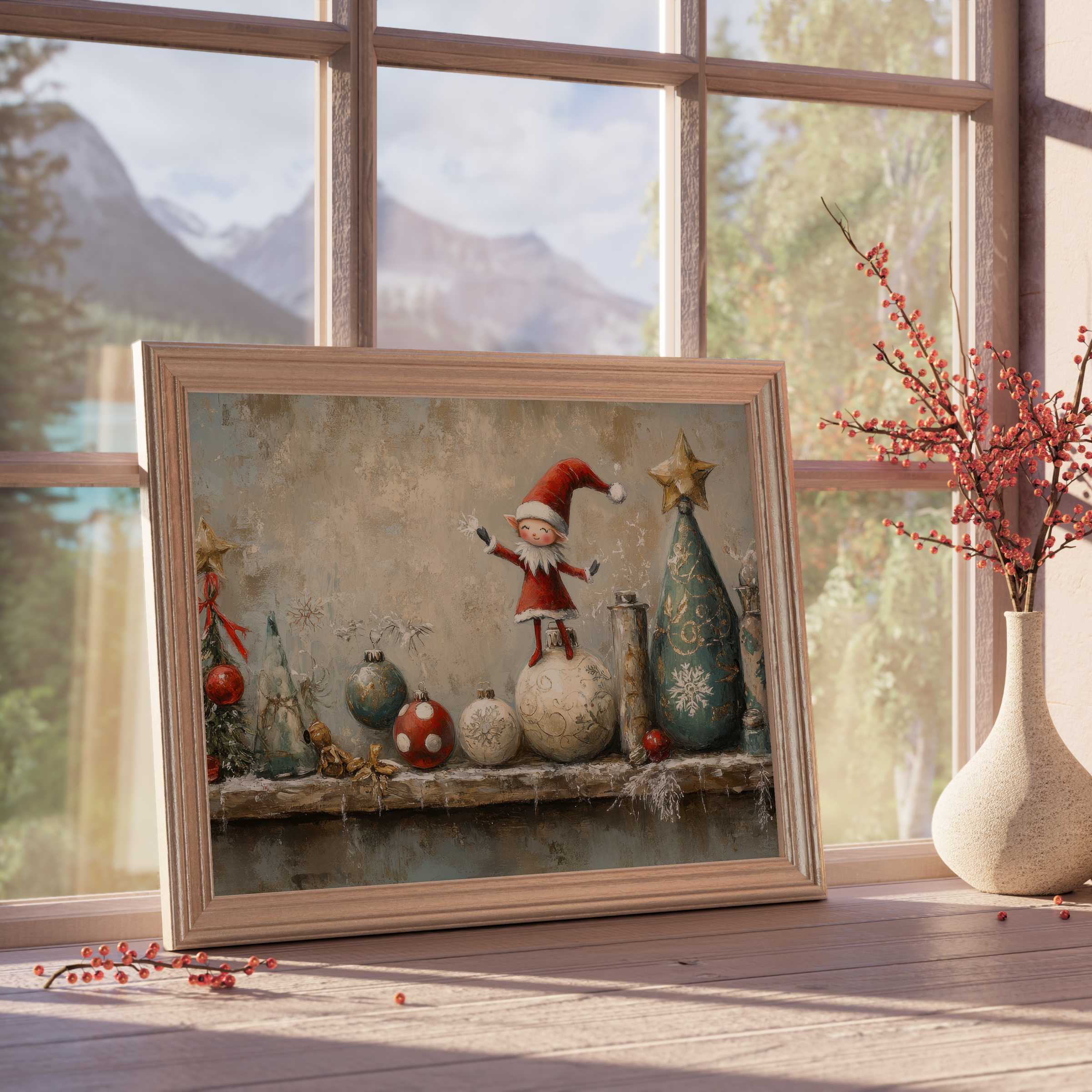 Christmas downloadable art capturing whimsical holiday charm, enhancing curated, tranquil interiors with warm festive elegance