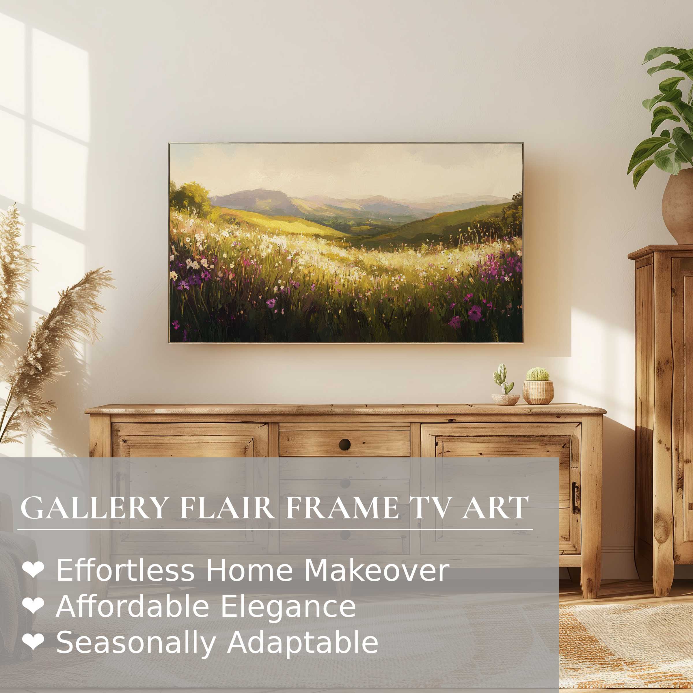 Samsung Frame TV displaying a serene landscape digital artwork in warm, elegant decor with natural wood accents