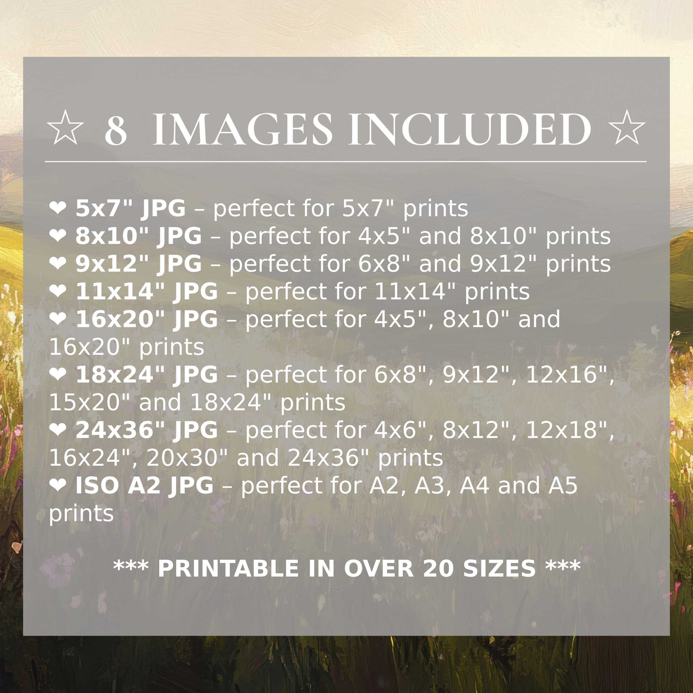 Landscape digital print with radiant golden and soft lavender hues, offering 8 high-quality sizes included to enhance sophisticated modern interiors with timeless elegance and versatile style