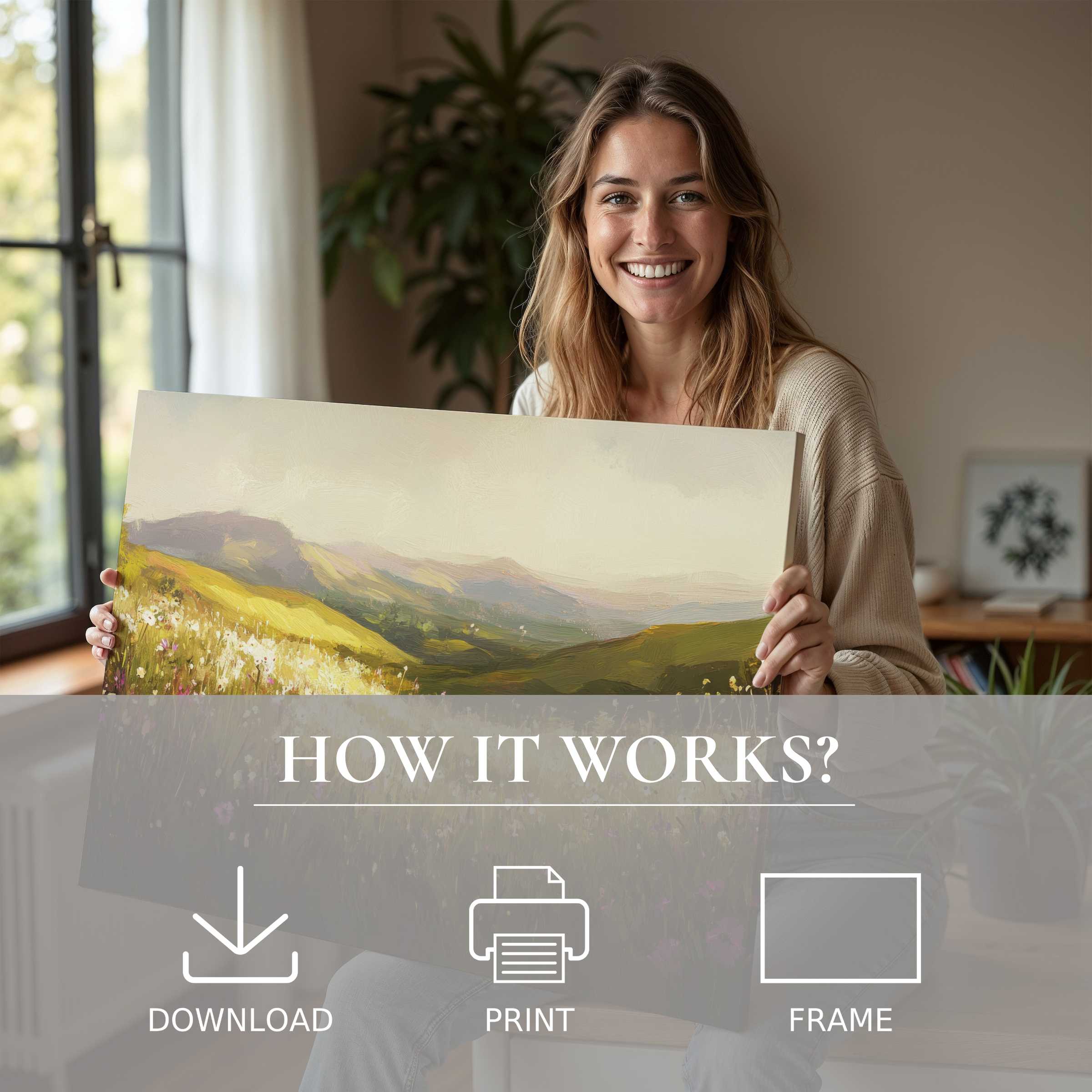 Joyful connection with a landscape digital art print, bringing serene nature’s warmth into a modern, stylish home