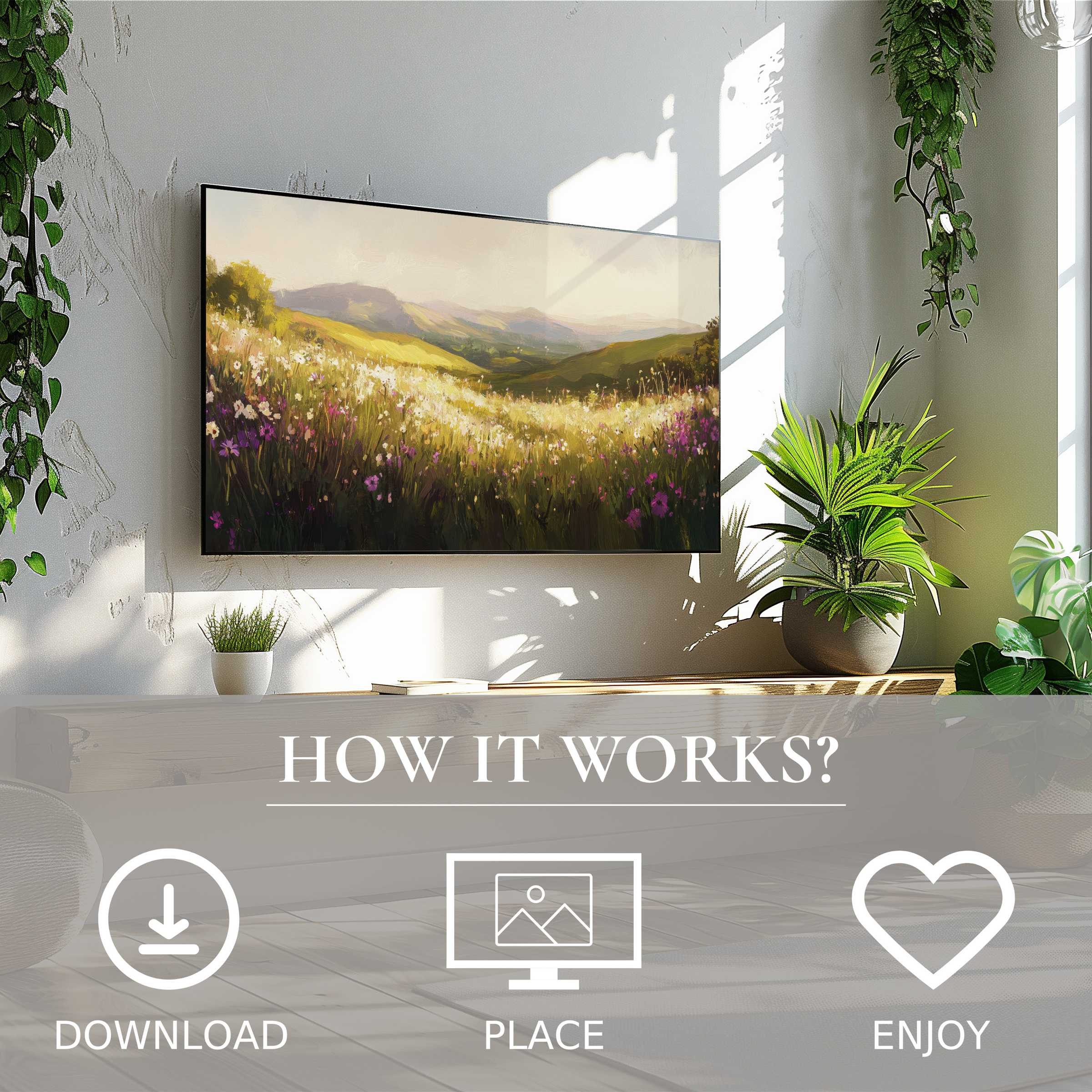 Modern living room with landscape art for Samsung TV, easy digital download, soft floral meadow motif enriches space