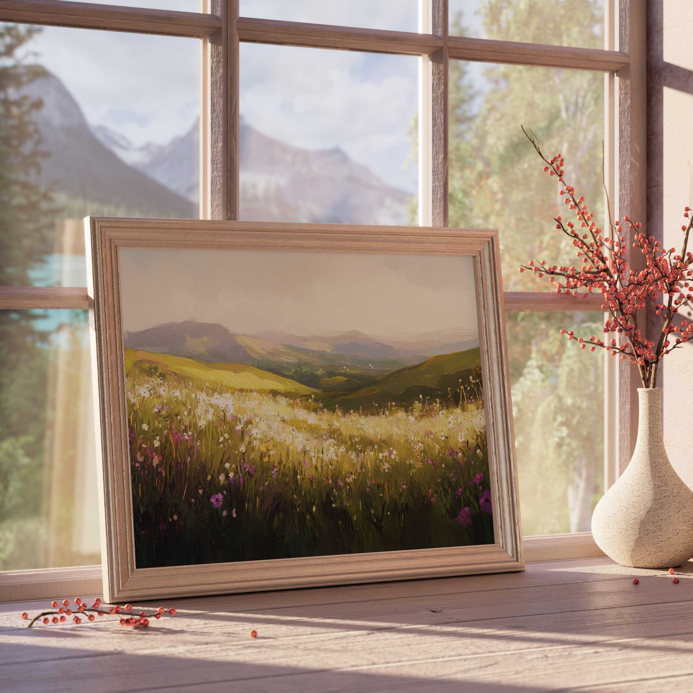 Tranquil landscape downloadable art capturing sunlit wildflower meadows and misty mountain vistas, elevating serene, curated interiors