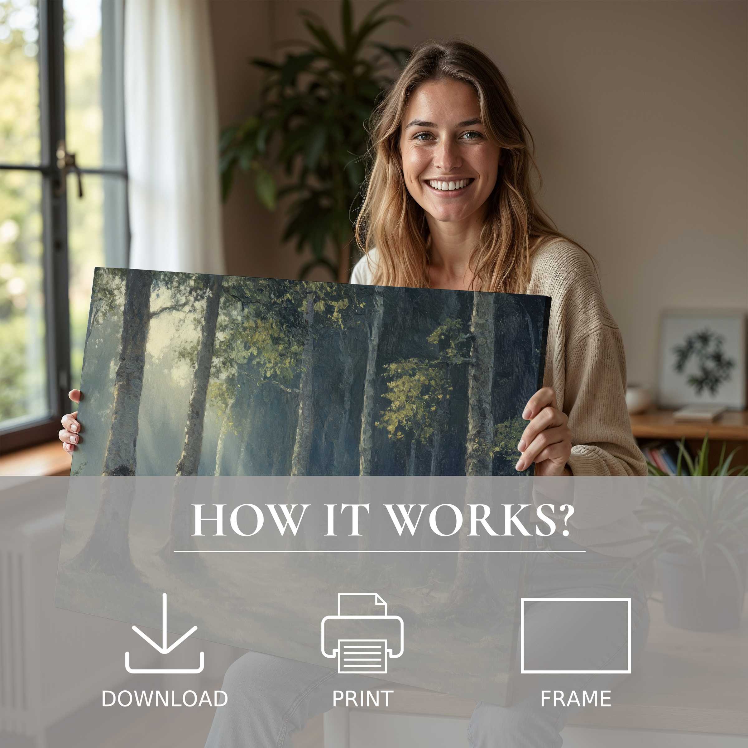 Radiant joy in a sunlit modern home, embracing the transformative beauty of a vintage digital art print