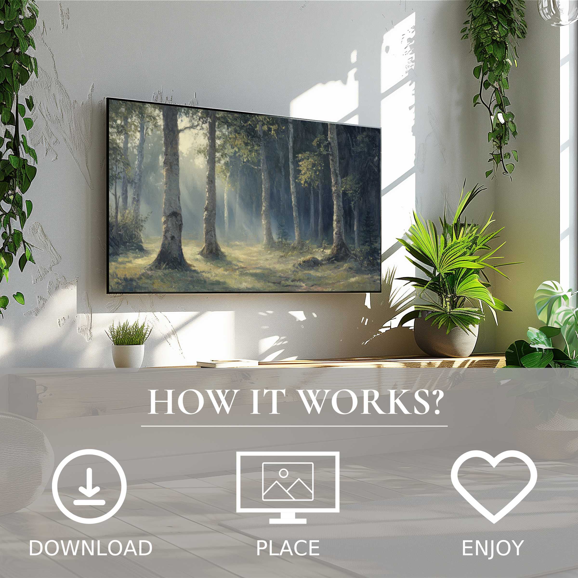 Vintage art for Samsung TV with soft forest tones, easy digital download enriching modern green living spaces