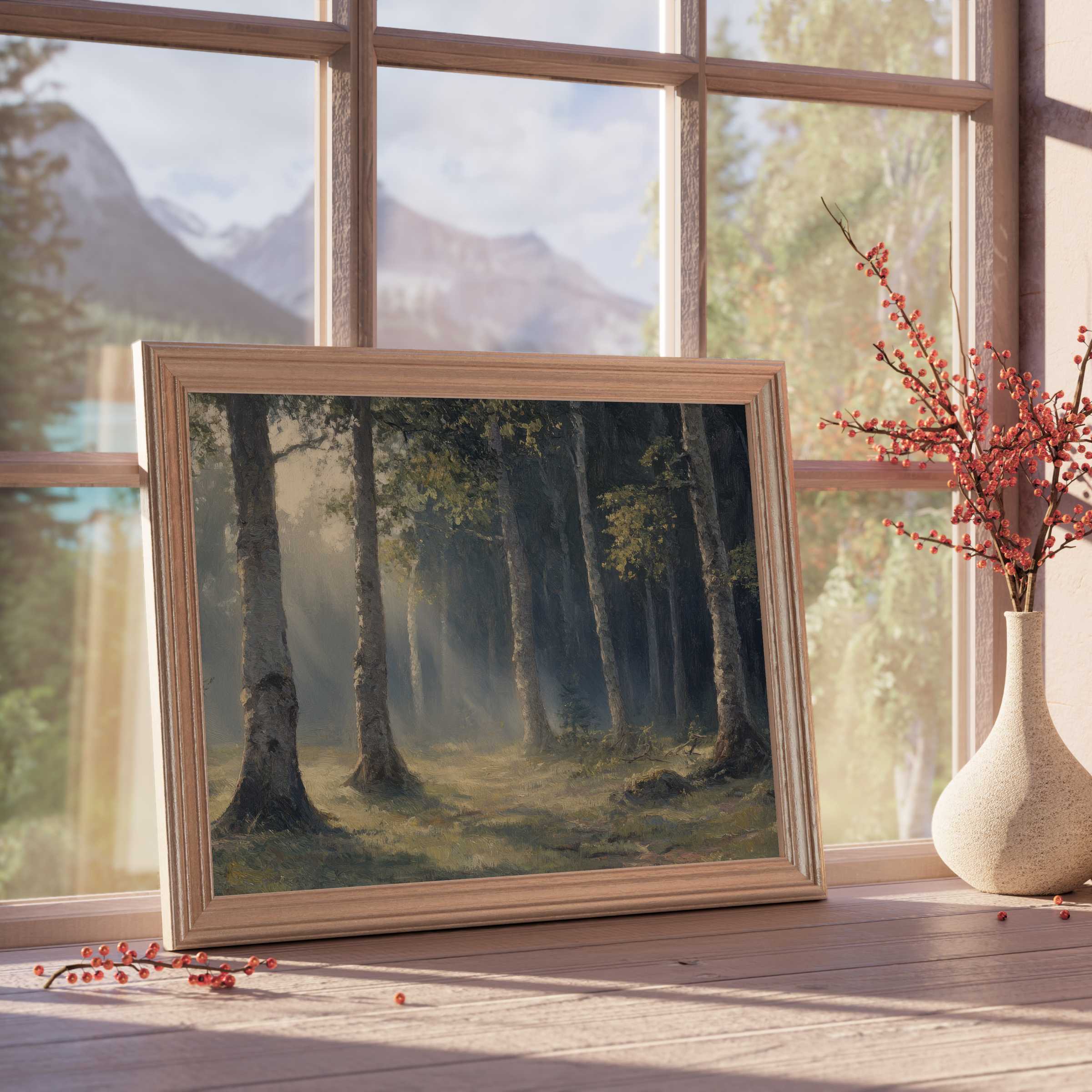 Vintage downloadable art of a serene forest path bathed in soft light, perfect for elevating tranquil, curated interiors with nature-inspired elegance