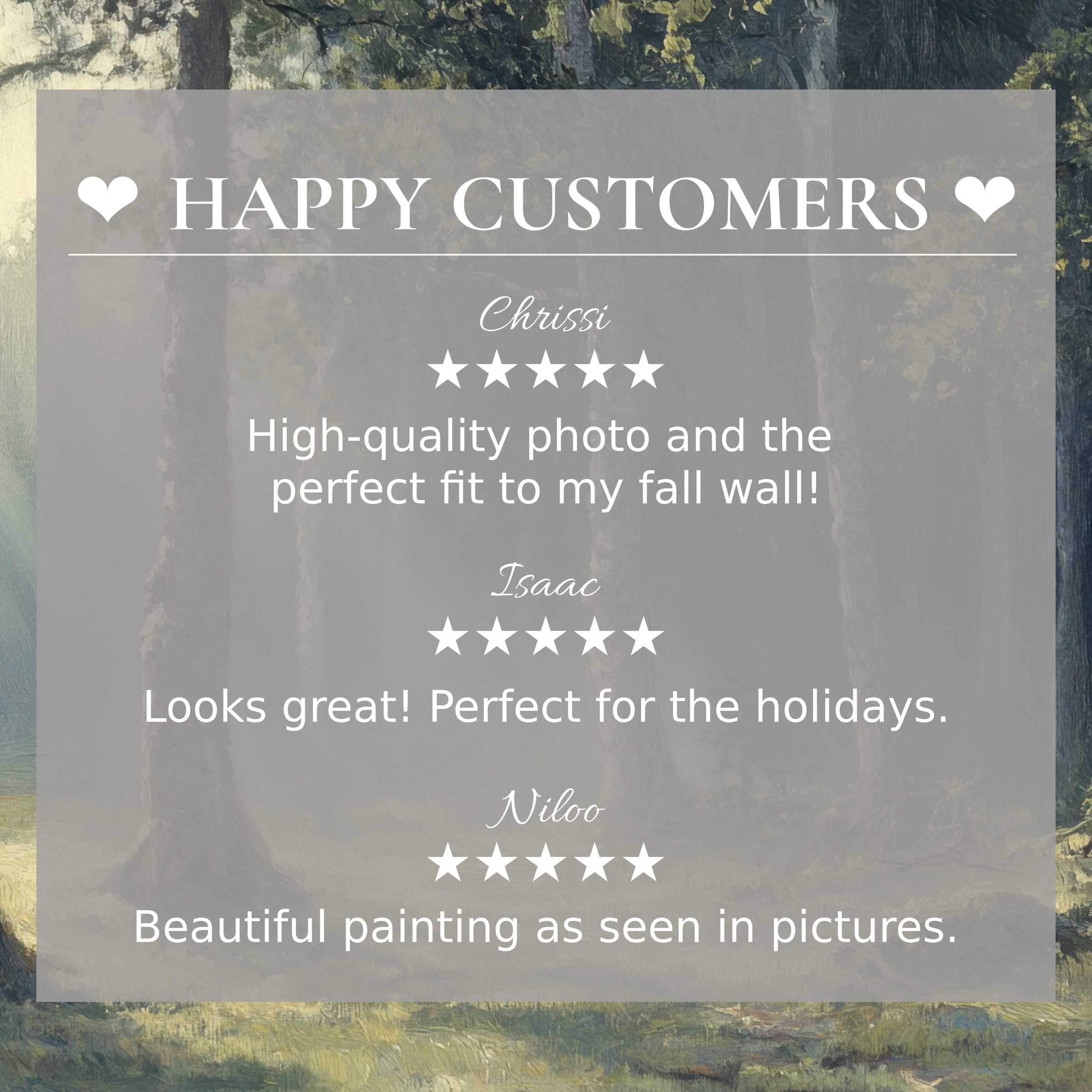 Vintage art for Frame TV with serene forest background; layout builds trust via happy customer reviews and elegant style