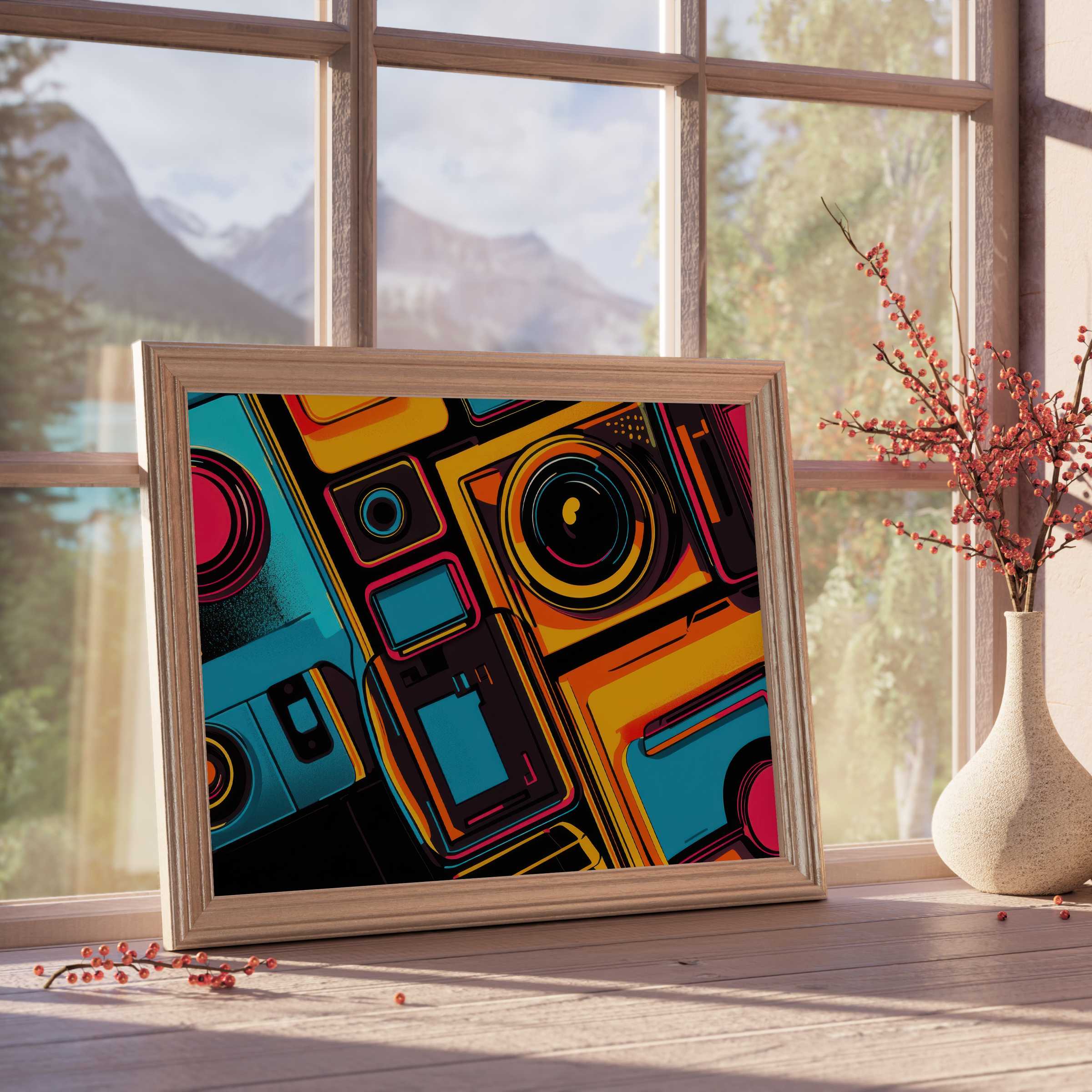Vibrant pop art downloadable art featuring retro cameras in bold blues, oranges, and reds, perfect for elevating chic, curated interiors with a dynamic, modern edge