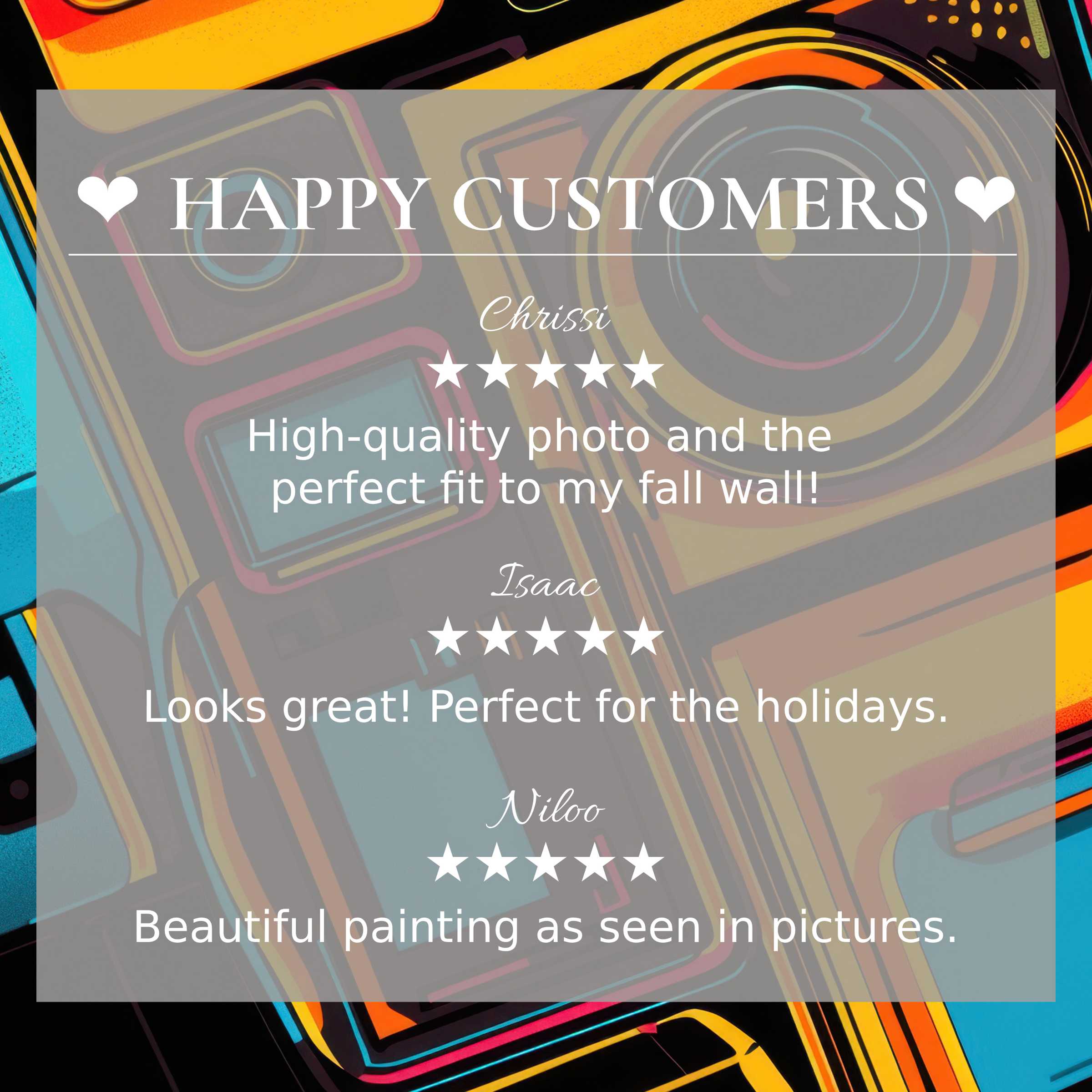 Pop art for Frame TV with vibrant sunset colors, showcasing happy customer reviews and elegant home decor trust