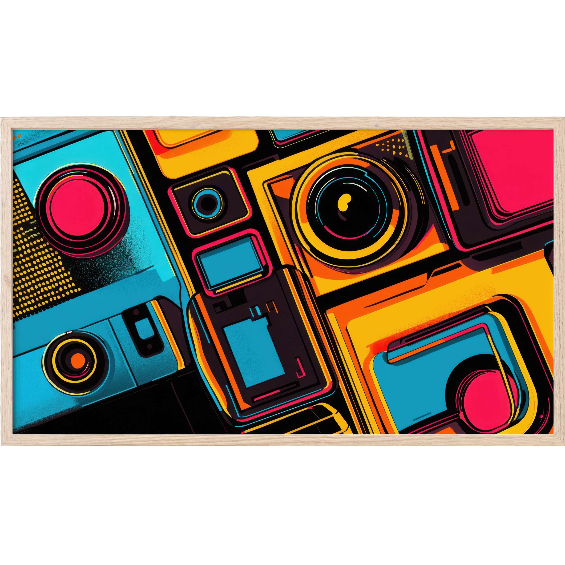 Vibrant pop art Frame TV Art featuring bold geometric shapes in cyan, magenta, yellow, and black for modern interiors