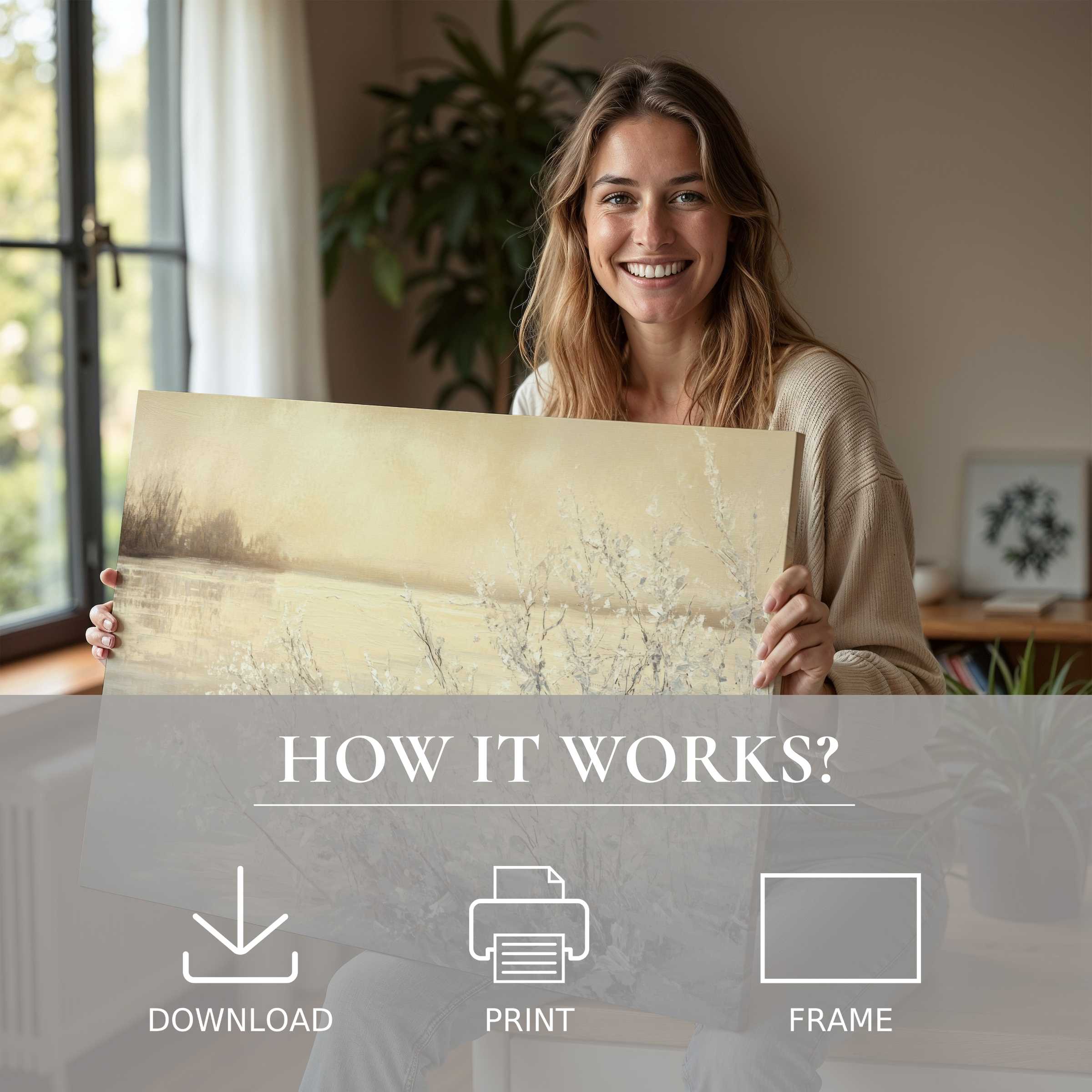 Radiant joy embraces a serene winter digital art print in a chic, sunlit home, elevating everyday living with effortless elegance