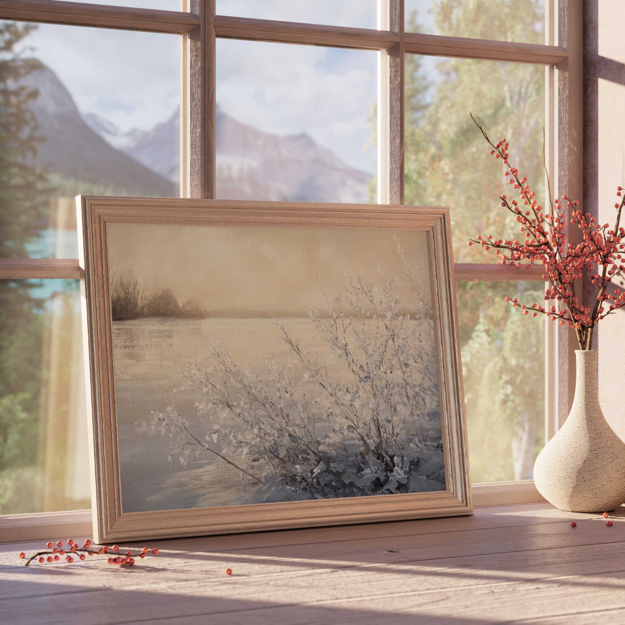 Winter downloadable art capturing serene frost-kissed branches in muted tones, elevating tranquil, curated interiors with refined elegance