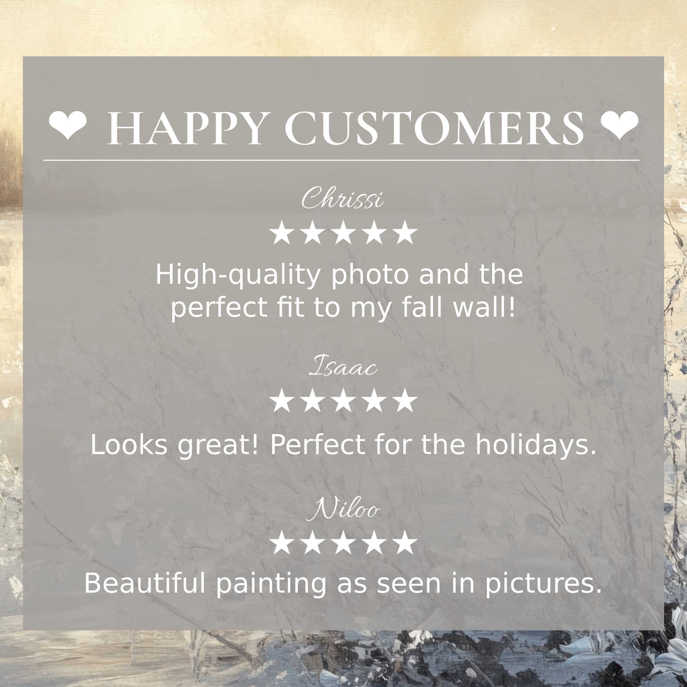 Winter art for Frame TV with abstract muted tones; happy customer reviews highlight quality and trust in elegant design