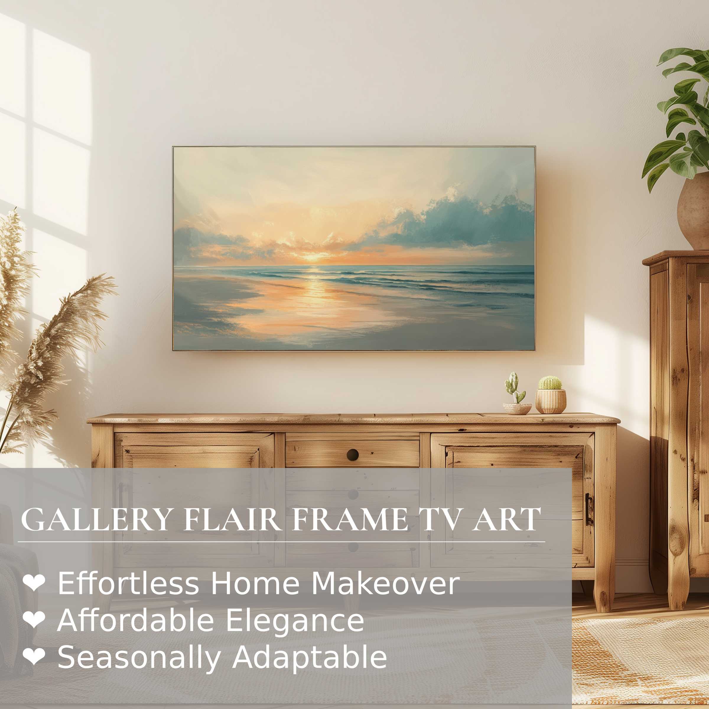 Samsung Frame TV displaying serene summer digital artwork of a beach sunset in a modern, elegant living room