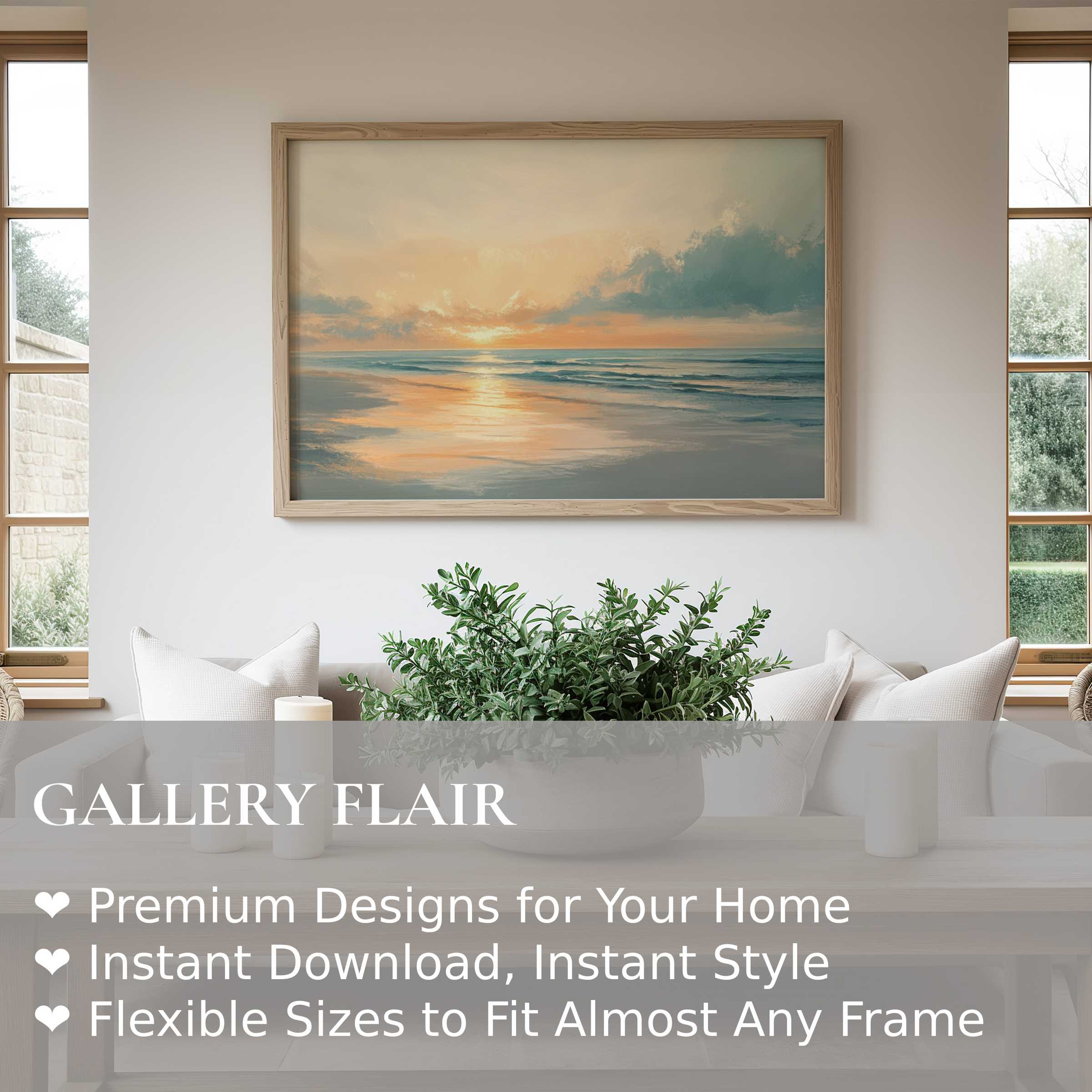 Summer wall art print capturing a serene coastal sunset with soft pastels, enhancing a modern minimalist living space with calm elegance