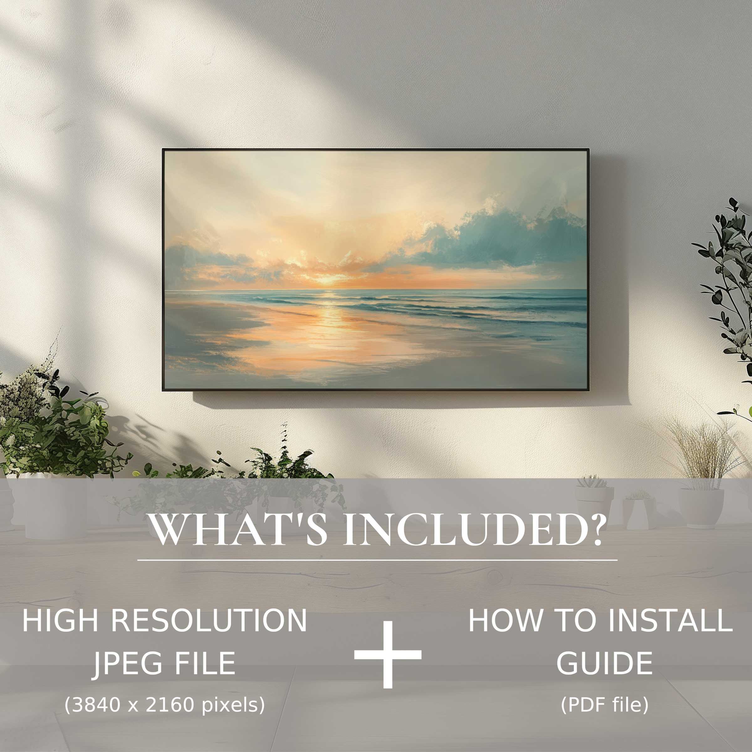 Elegant summer digital TV art download with easy use, transforming living spaces into serene, stylish coastal retreats