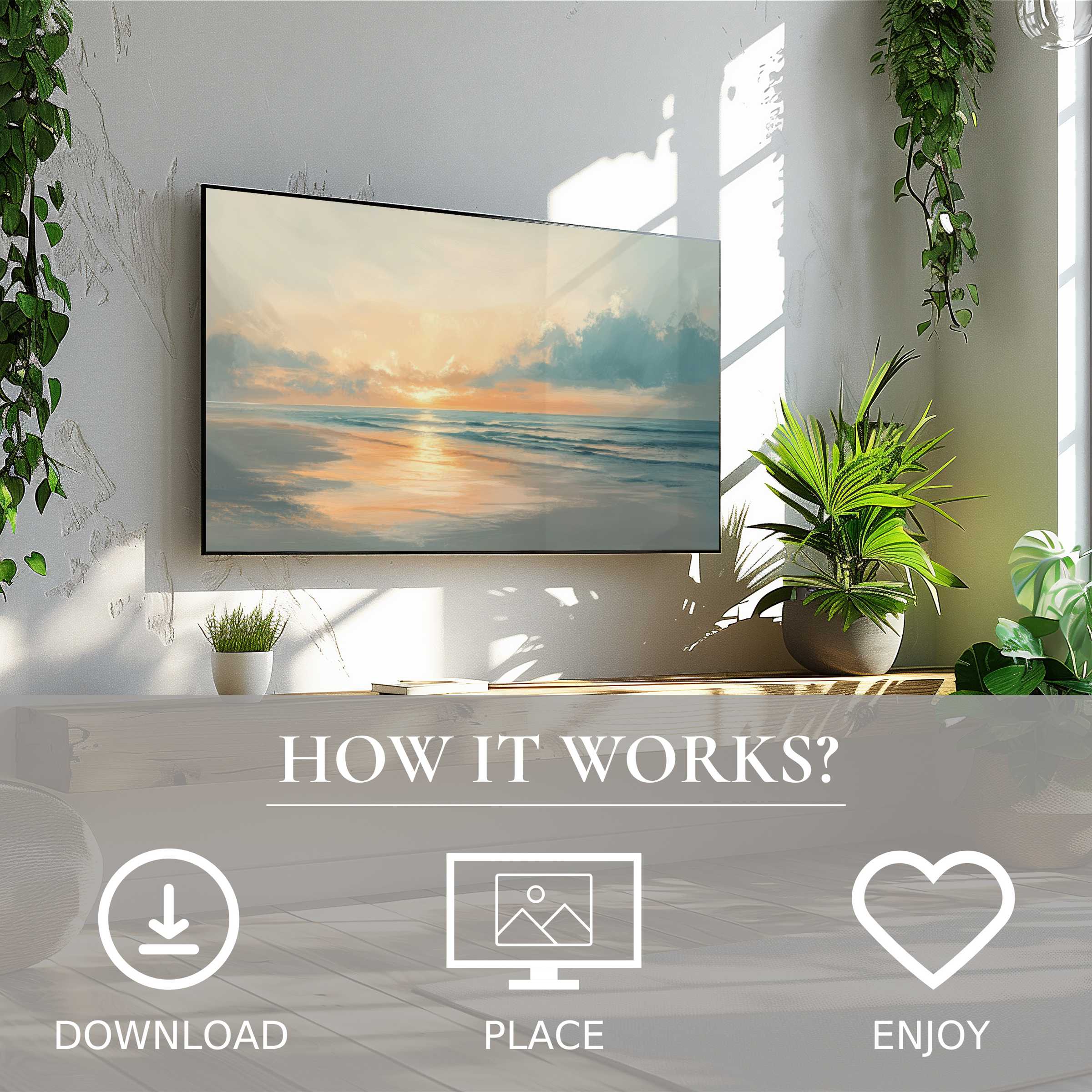 Summer art for Samsung TV shows soft sunset tones on Frame TV, easy digital download, brightens modern living spaces