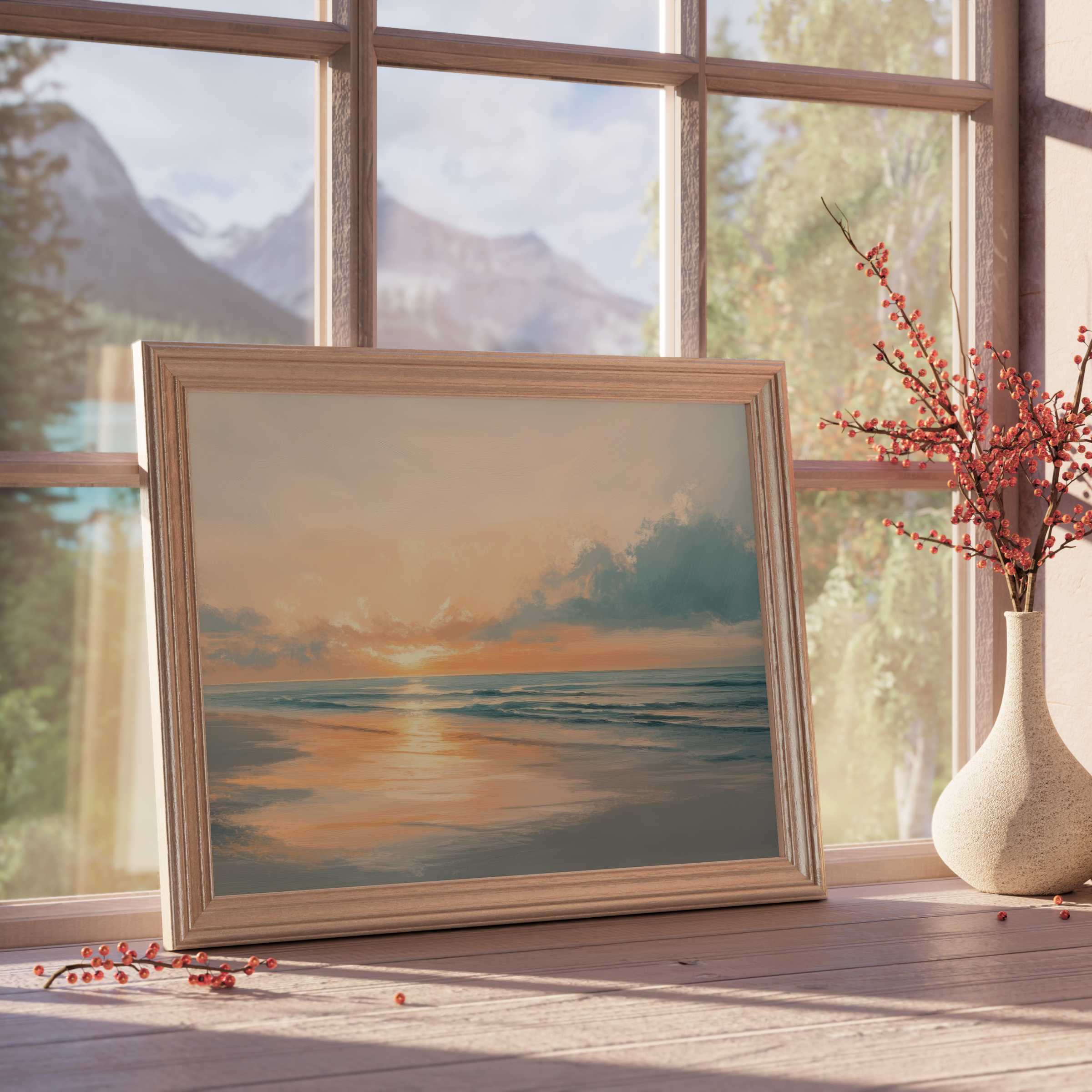 Tranquil summer downloadable art capturing a serene sunset over calm waves, perfect for curated, stylish interiors