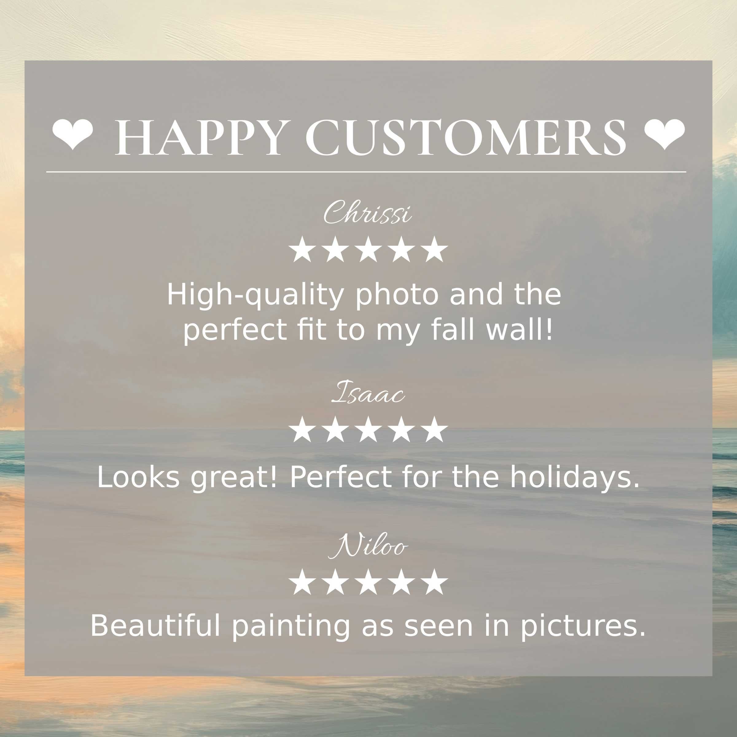 Summer art for Frame TV with serene sunset tones and happy customer reviews building trust and elegant appeal