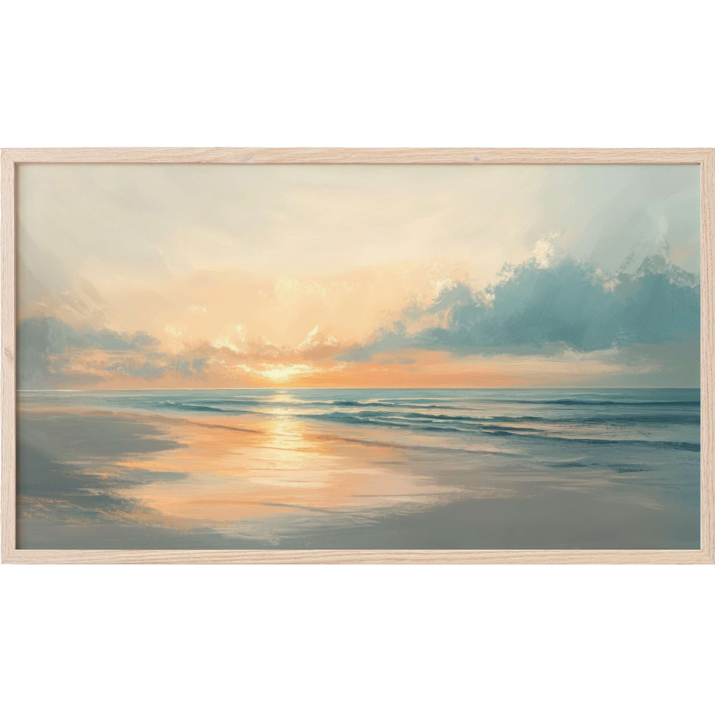 Elegant seascape with soft blues and warm golds, capturing tranquil dawn reflections in summer Frame TV Art