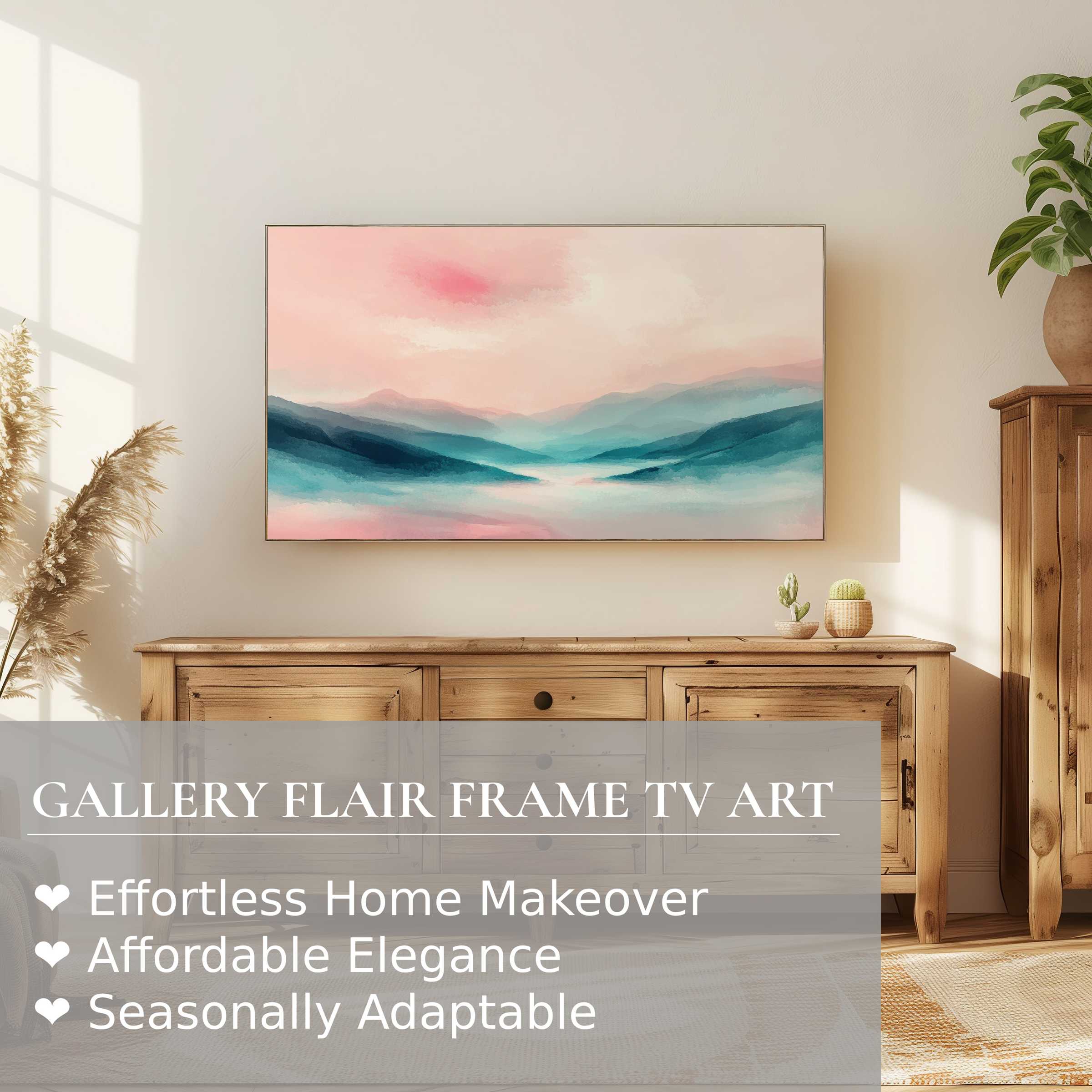 Samsung Frame TV displays modern digital artwork of serene pastel mountains in a light, elegant living space