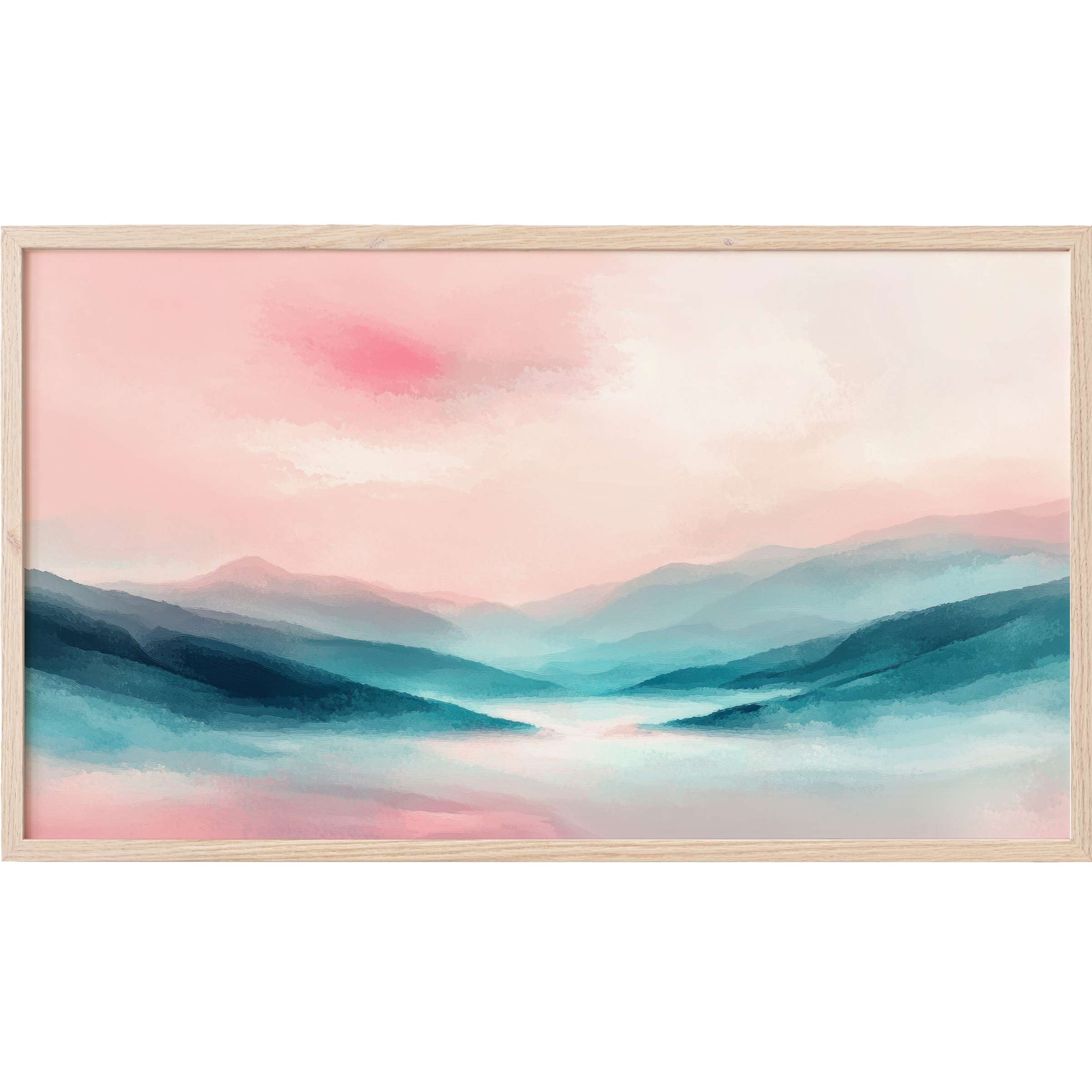 Soft pastel mountain landscape in pinks and blues, a serene modern Frame TV Art with elegant, airy tones