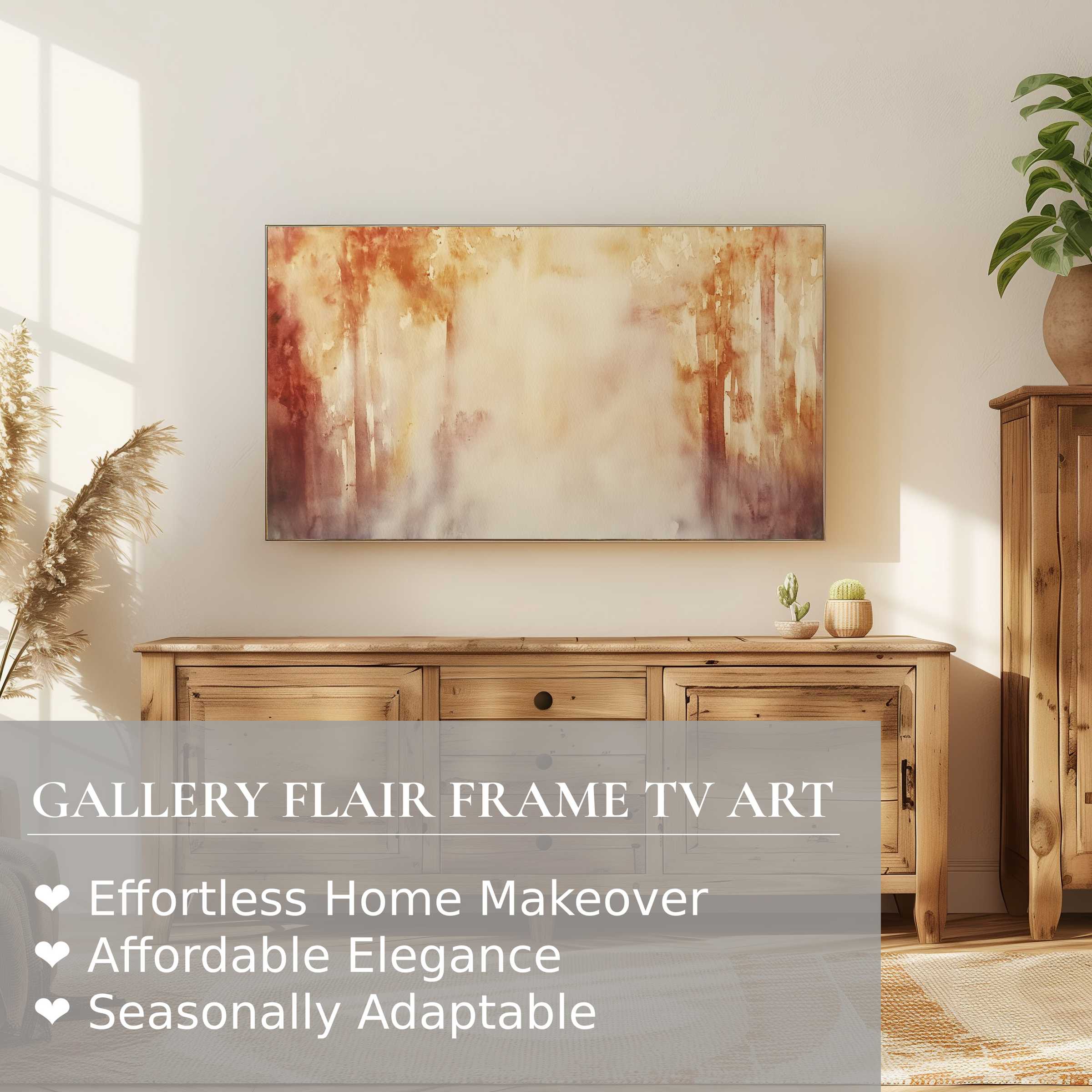 Samsung Frame TV displaying serene fall digital artwork in a warm, elegant living room setting with natural wood