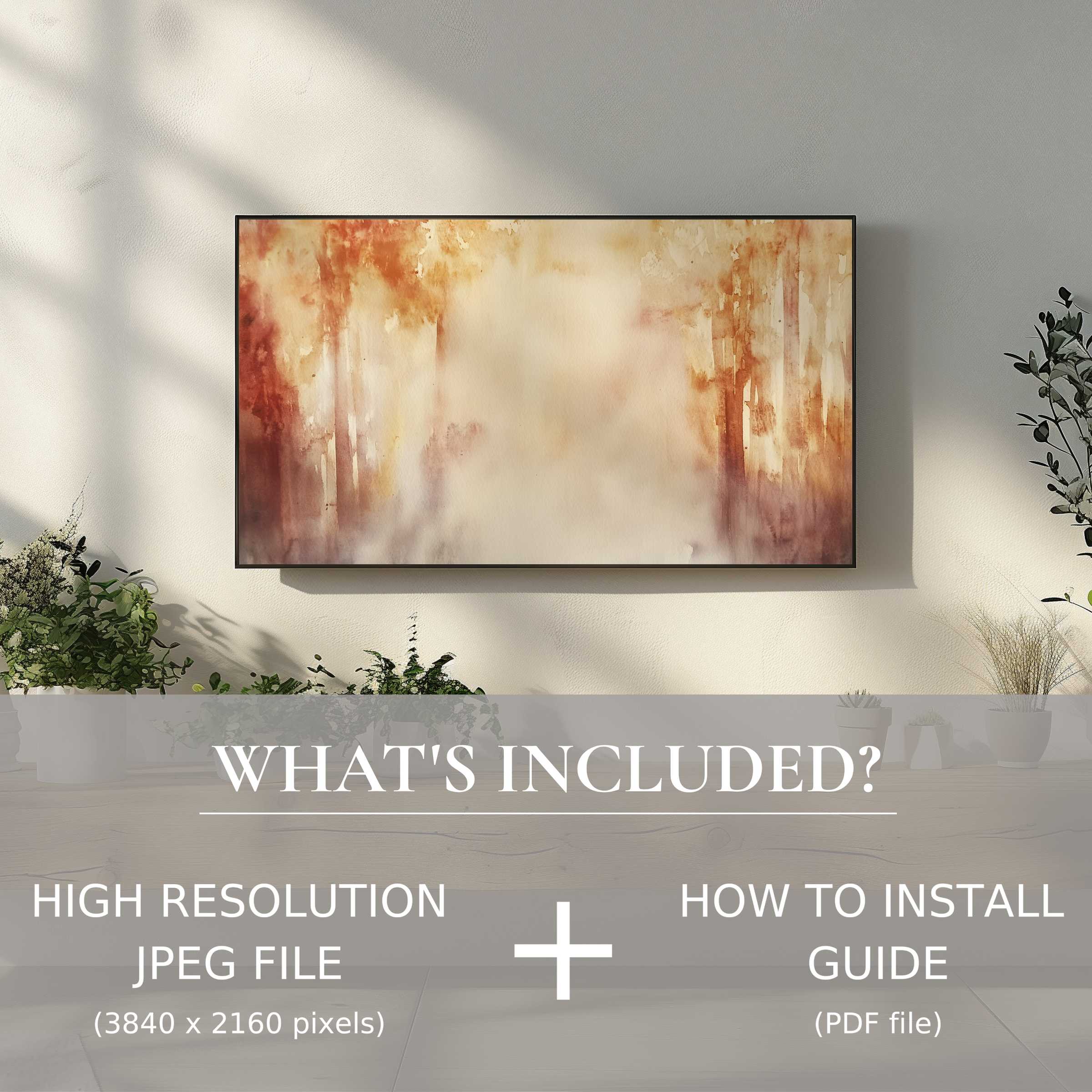 Elegant fall digital TV art download enhances serene spaces with warm hues; easy digital use brightens your modern living room