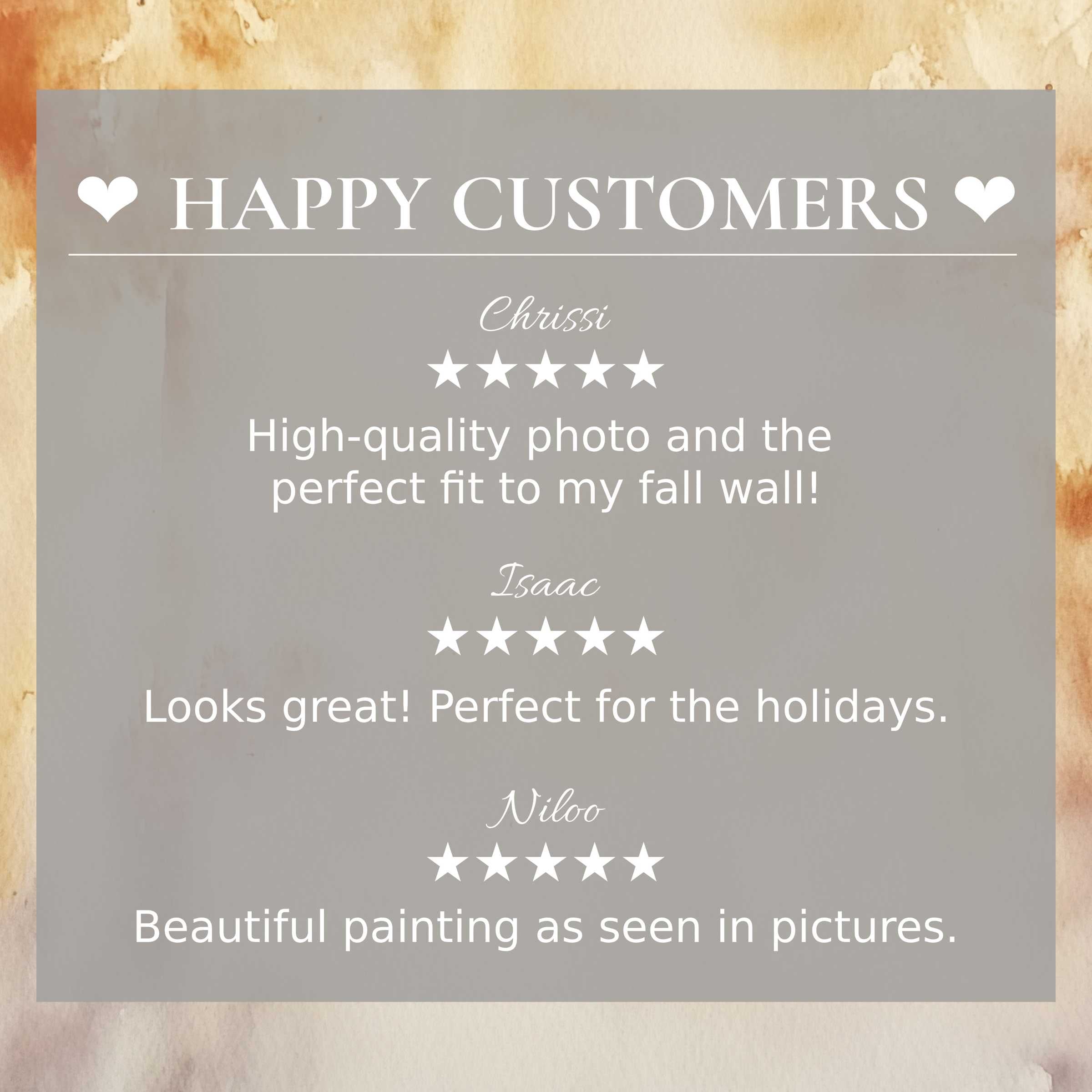 Elegant fall art for Frame TV with abstract sunset colors, showcasing happy customer reviews that inspire trust