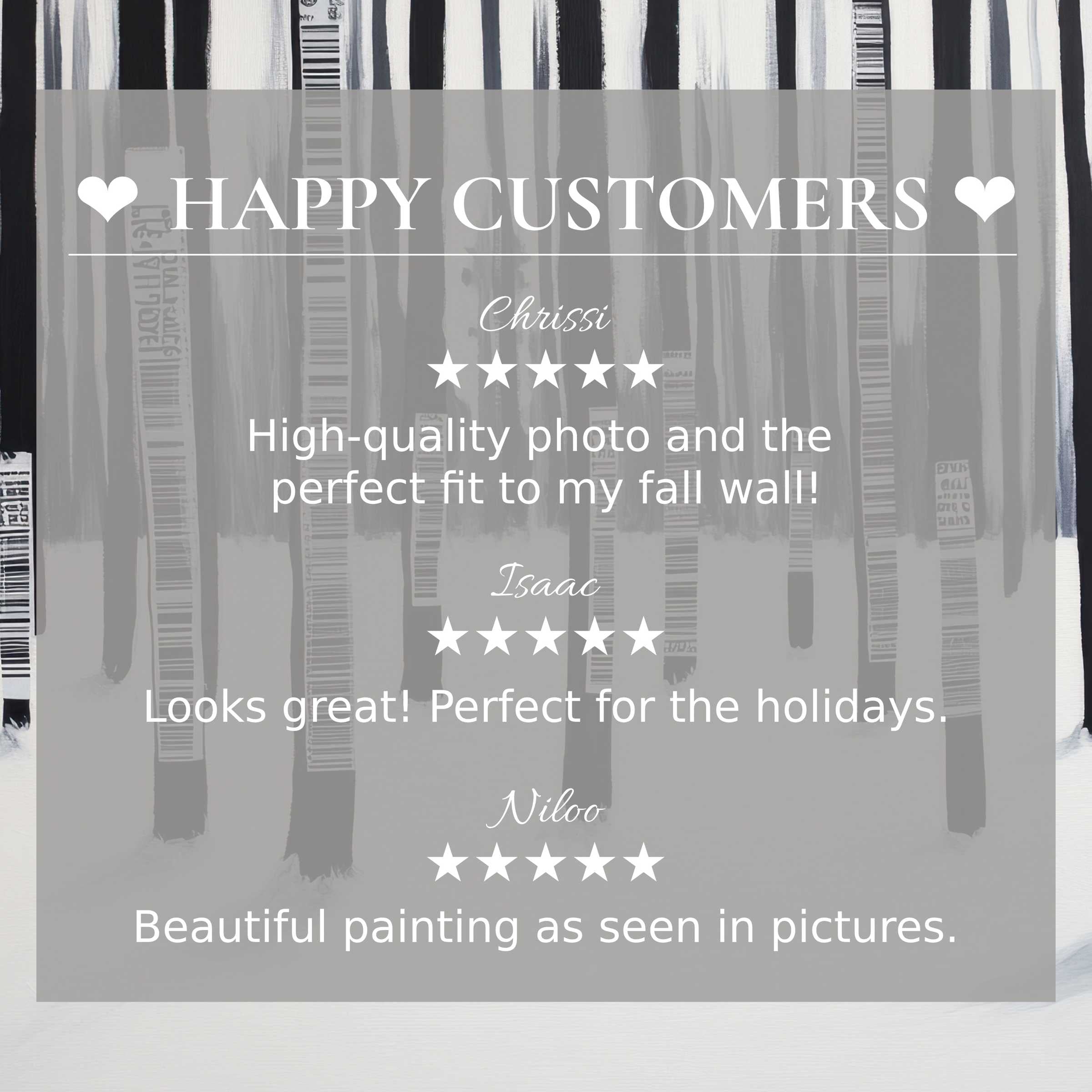 Positive reviews from happy customers highlight street art for Frame TV with elegant black and white striped background