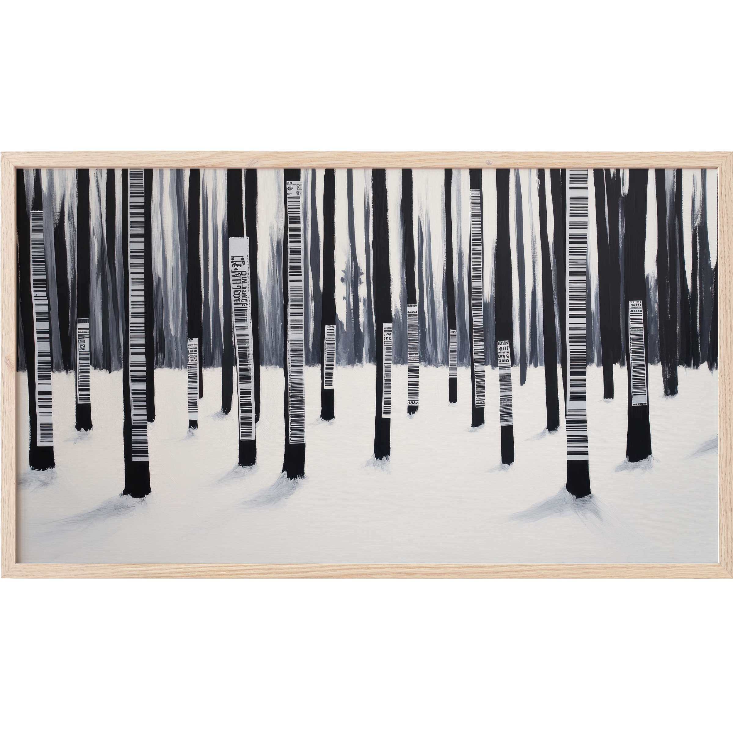 Monochrome forest scene with barcode trunks in a sleek, minimal style, perfect street art Frame TV Art