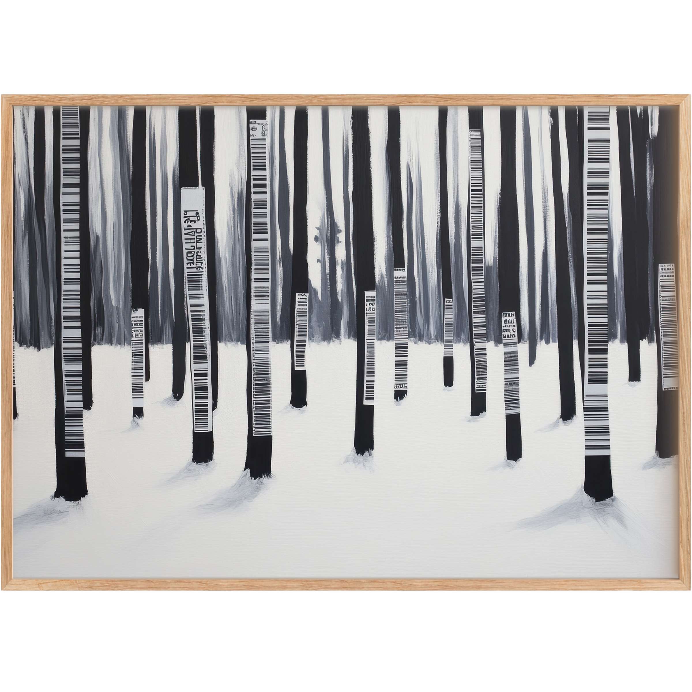 Monochrome forest scene with barcode-striped trunks, evoking a bold, modern edge-perfect street art printable wall art for chic interiors