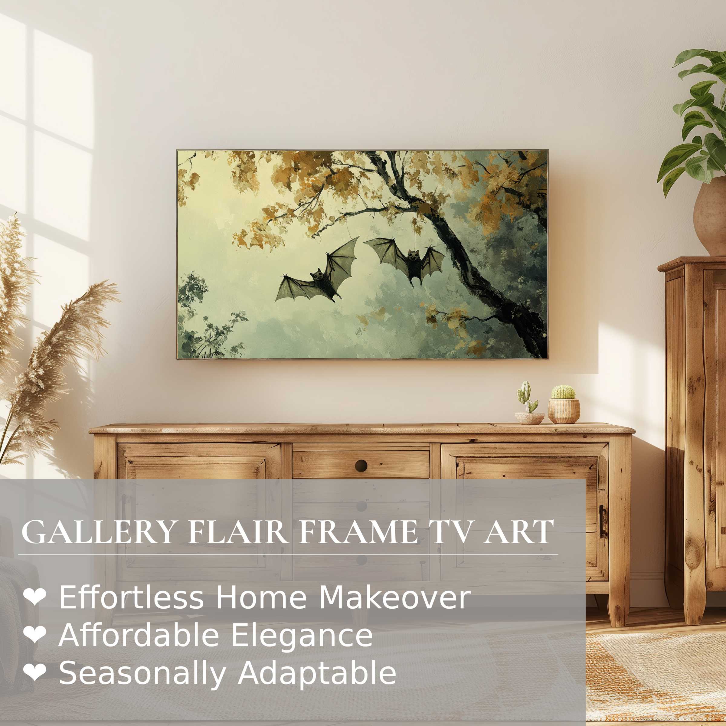 Samsung Frame TV displays elegant halloween digital artwork with muted autumn tones and bats in a modern cozy setting