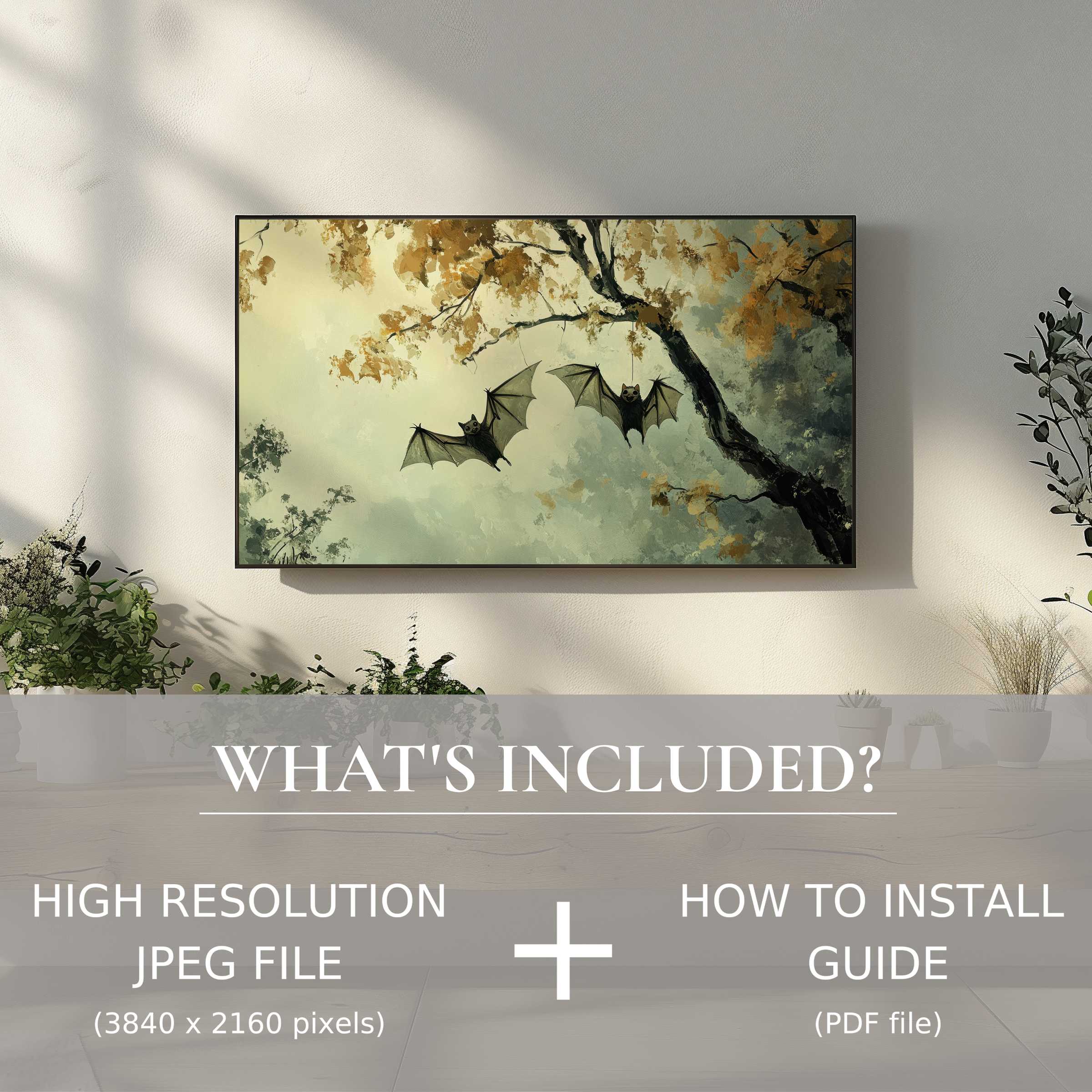 Elegant autumn scene with bats on a modern TV - halloween digital TV art download for easy stylish decor enhancement