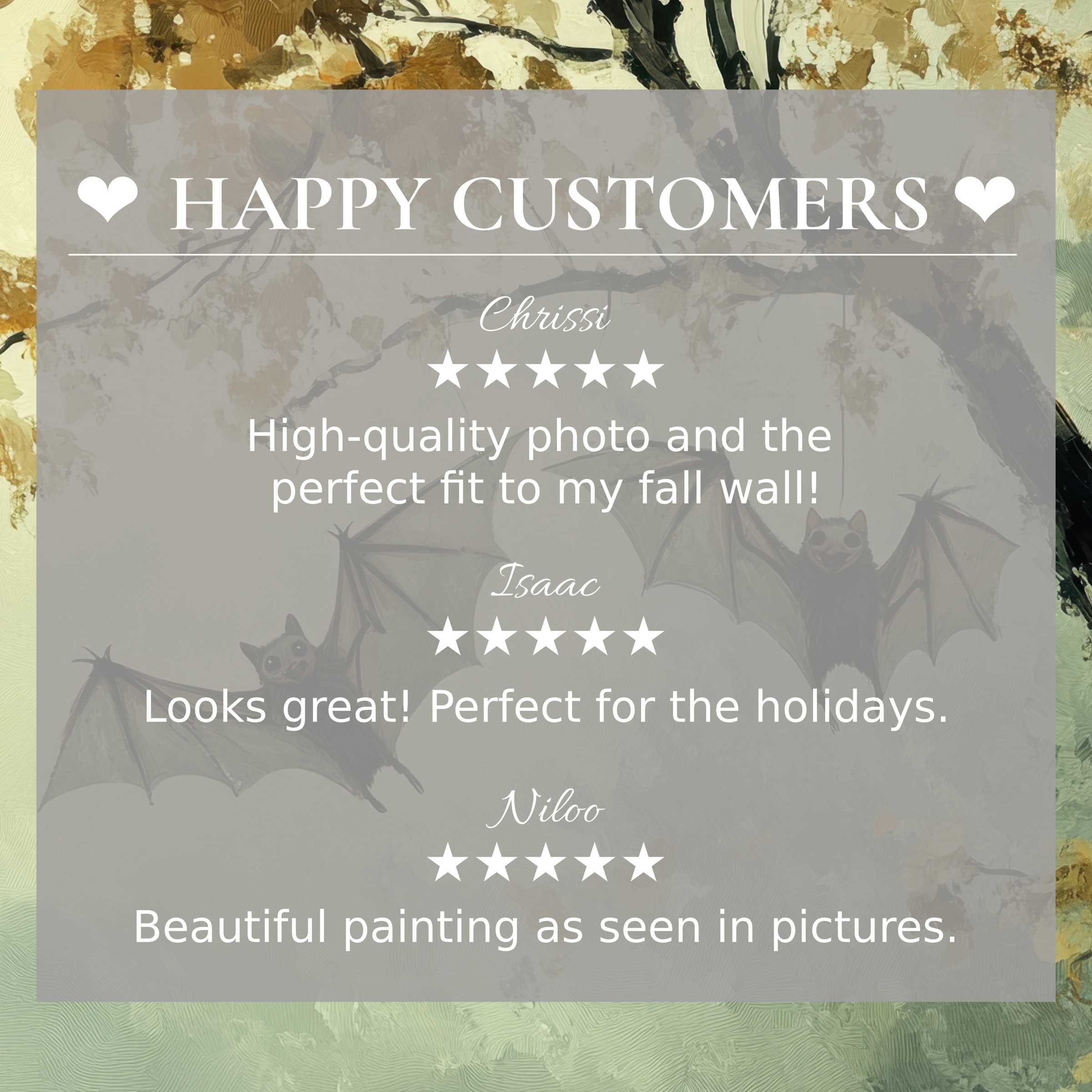 Elegant halloween art for Frame TV with subtle bat motifs on textured autumn hues; happy customer reviews build trust