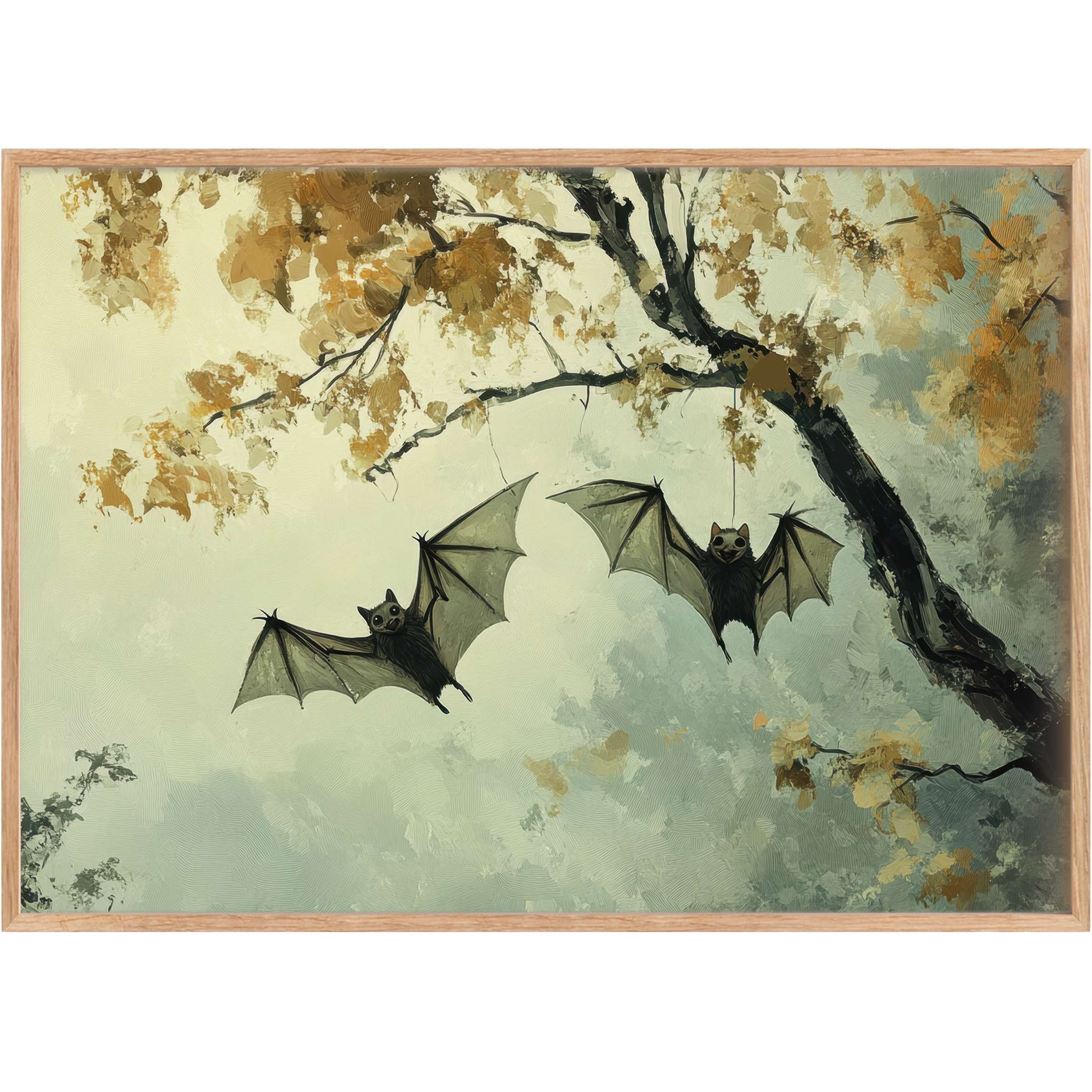 Elegant halloween printable wall art with playful bats and golden autumn leaves, evoking a whimsical, cozy twilight ambiance