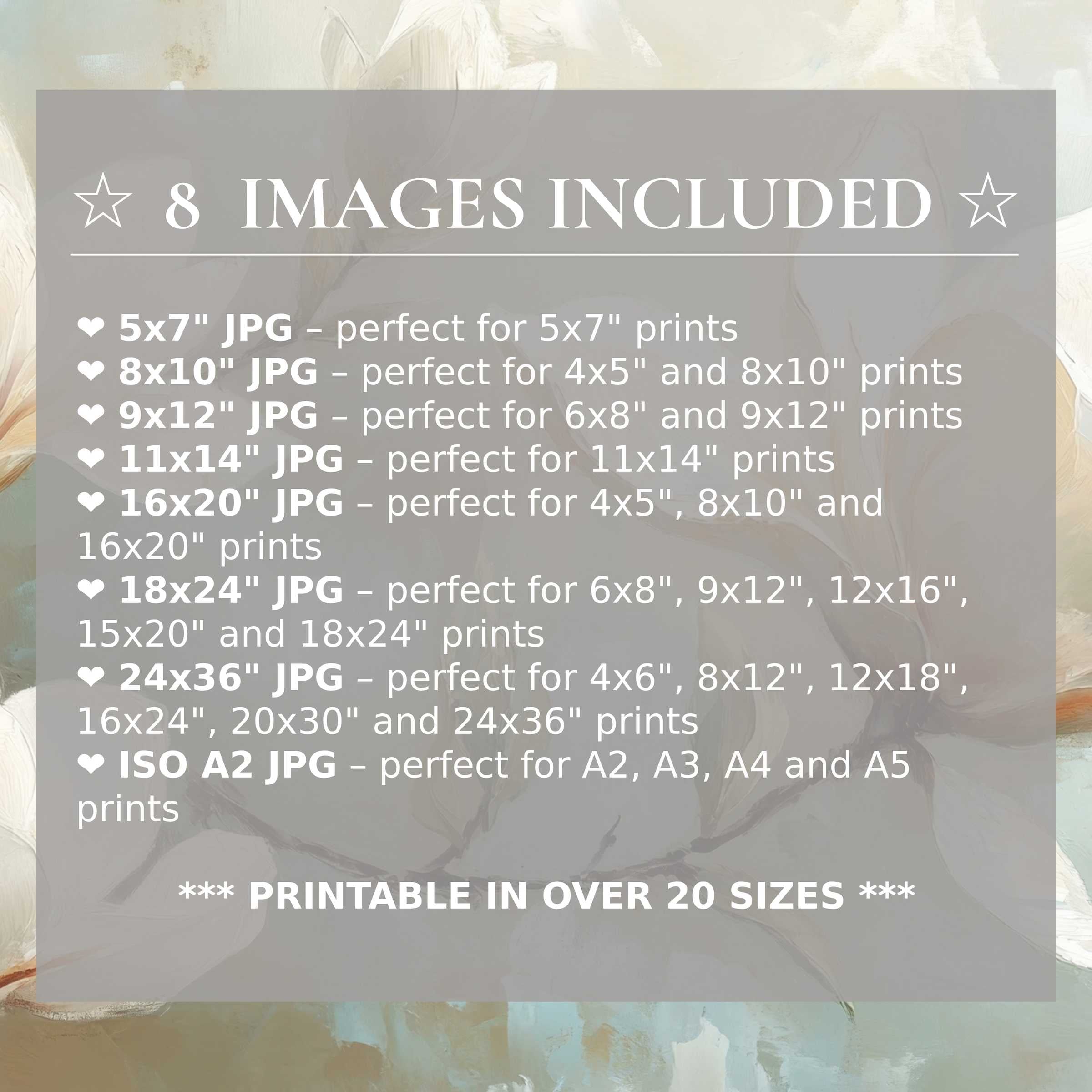 Print size guide showing 8 included JPG formats for versatile wall art printing – perfect for framing in popular sizes from 5x7 to 24x36 and A2