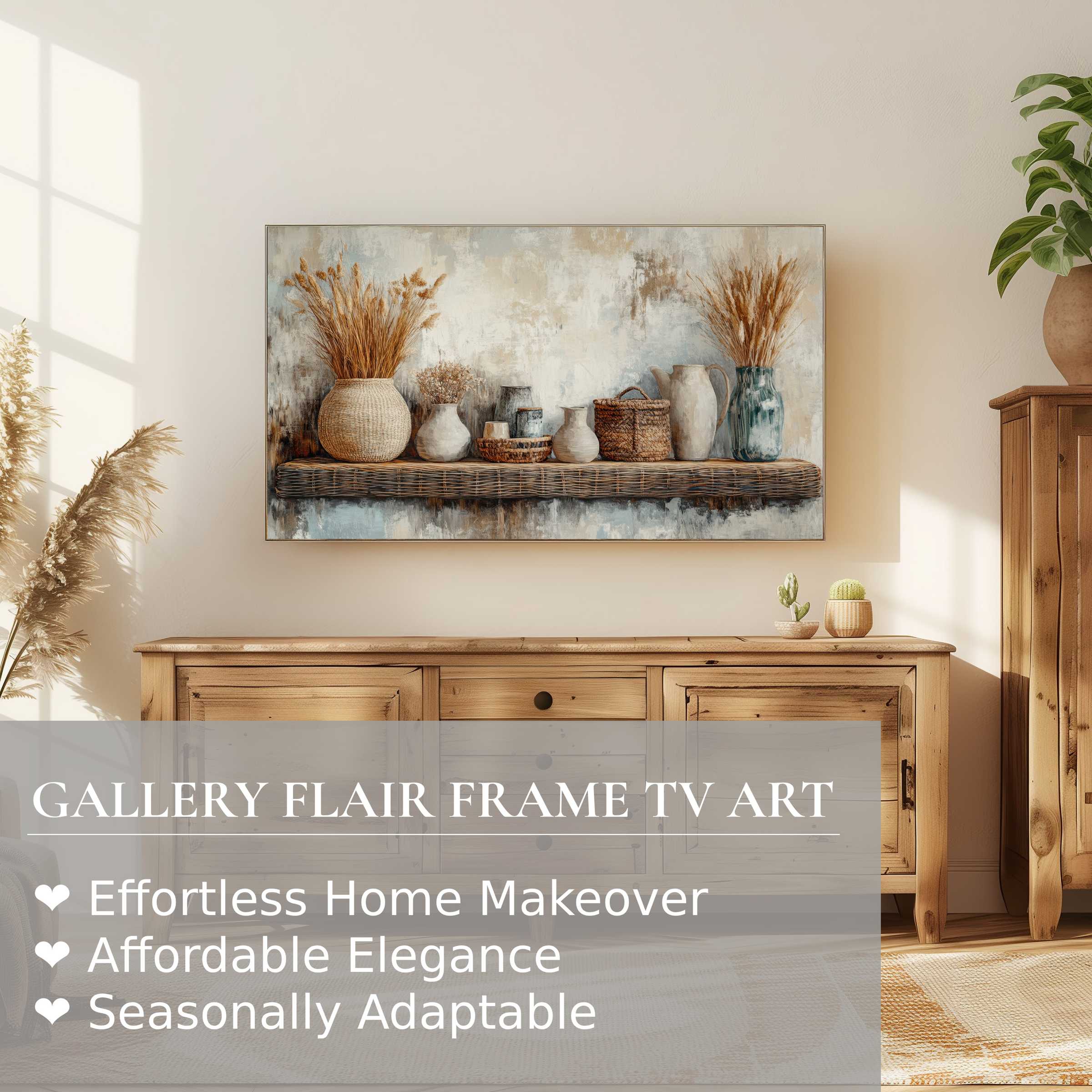 Samsung Frame TV displays boho digital artwork of rustic vases, pampas grass in a warm, elegant living space