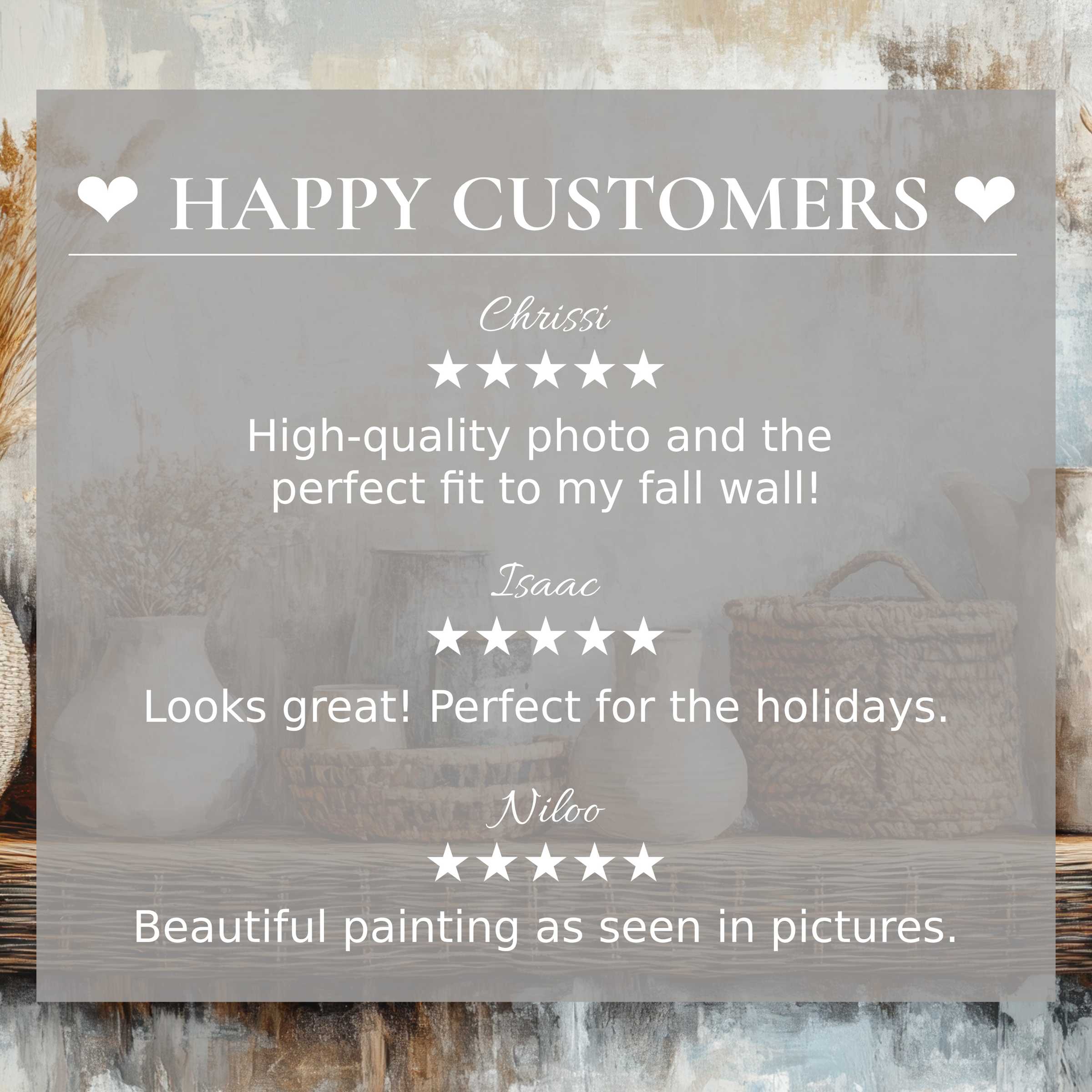 Boho art for Frame TV with abstract earth-toned background; happy customer reviews build trust and elegance