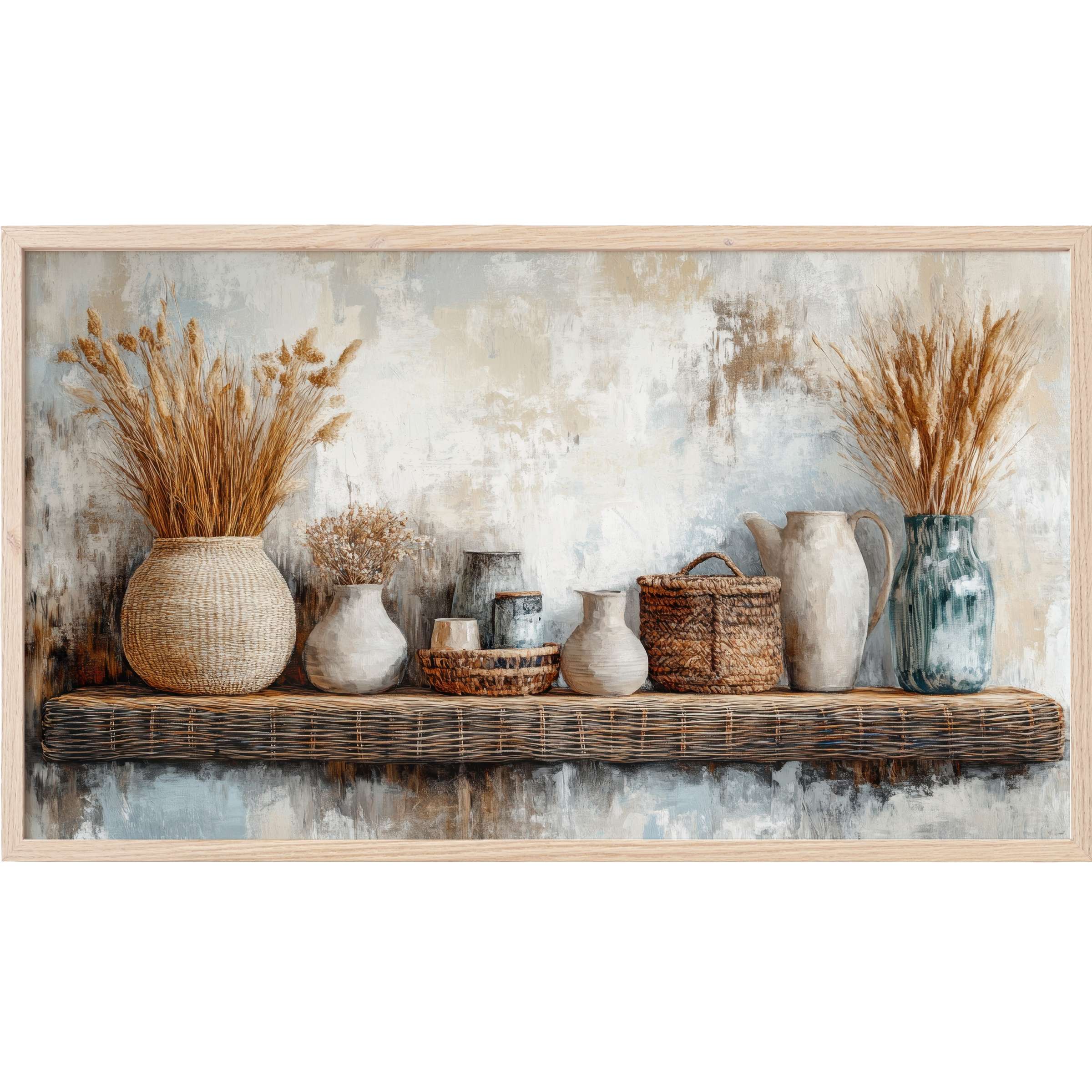 Boho Frame TV Art shows neutral-toned rustic vases and baskets on a textured shelf with soft earthy hues