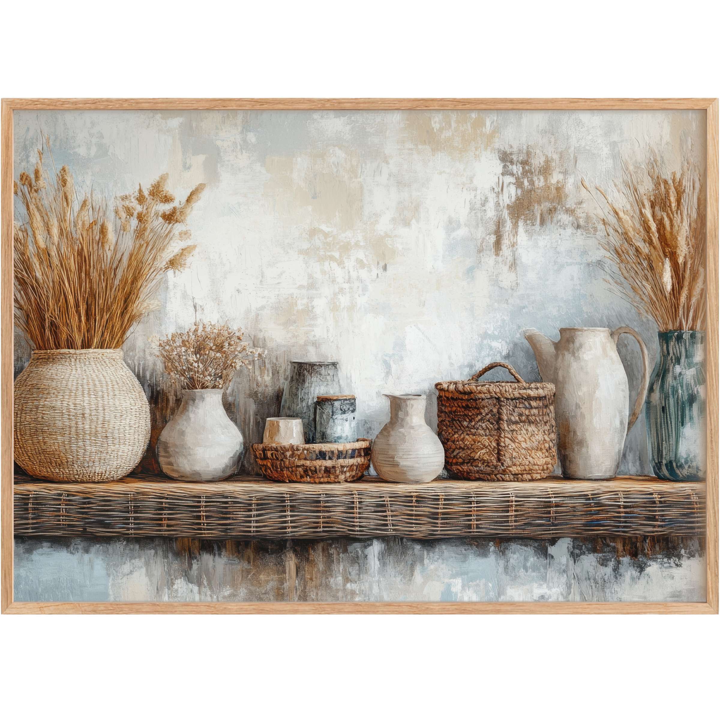 Boho printable wall art showcasing warm earth tones and textured baskets, evoking a serene, natural ambiance for chic interiors
