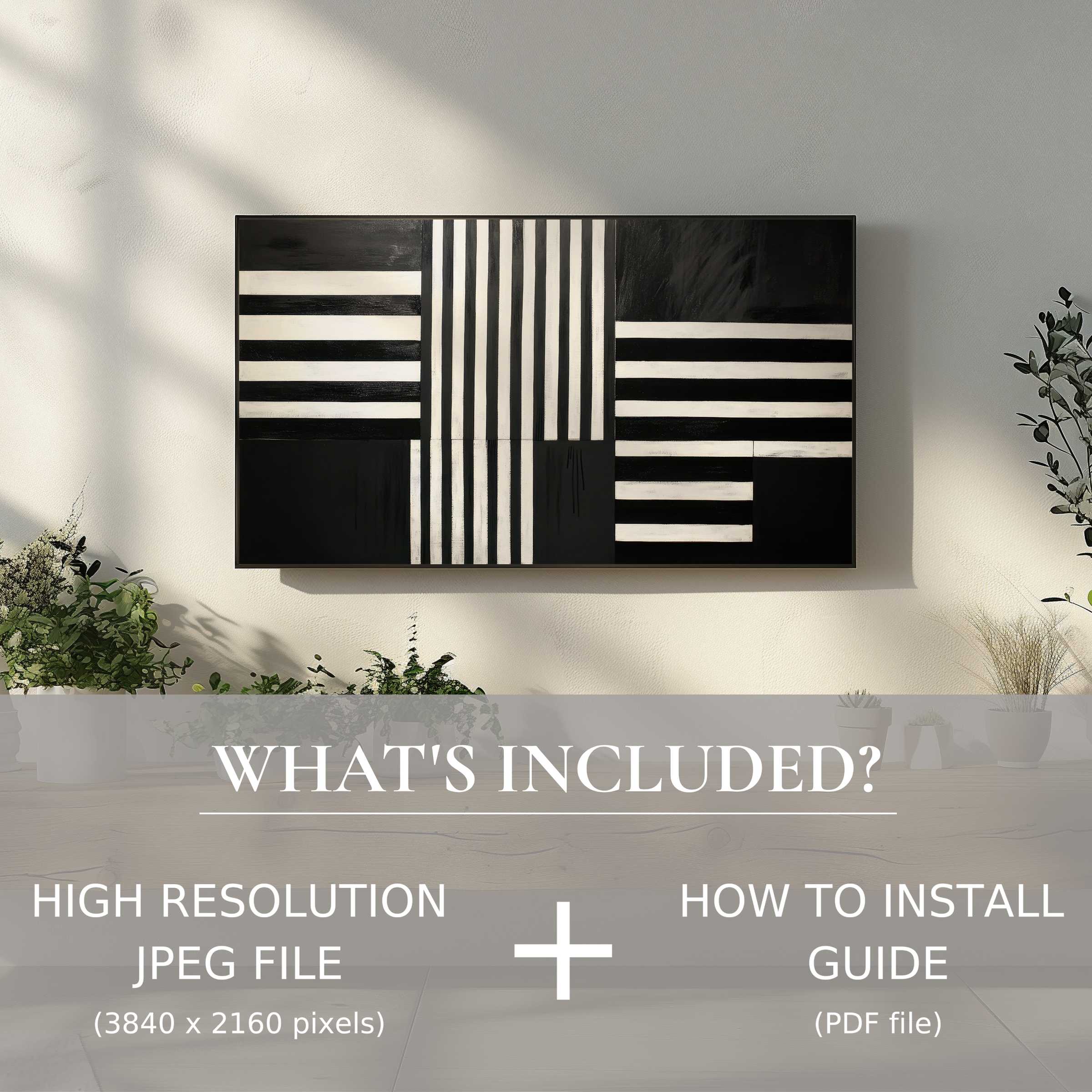 Stylish black and white digital TV art download, easy to use, enhancing modern living spaces with elegance and simplicity