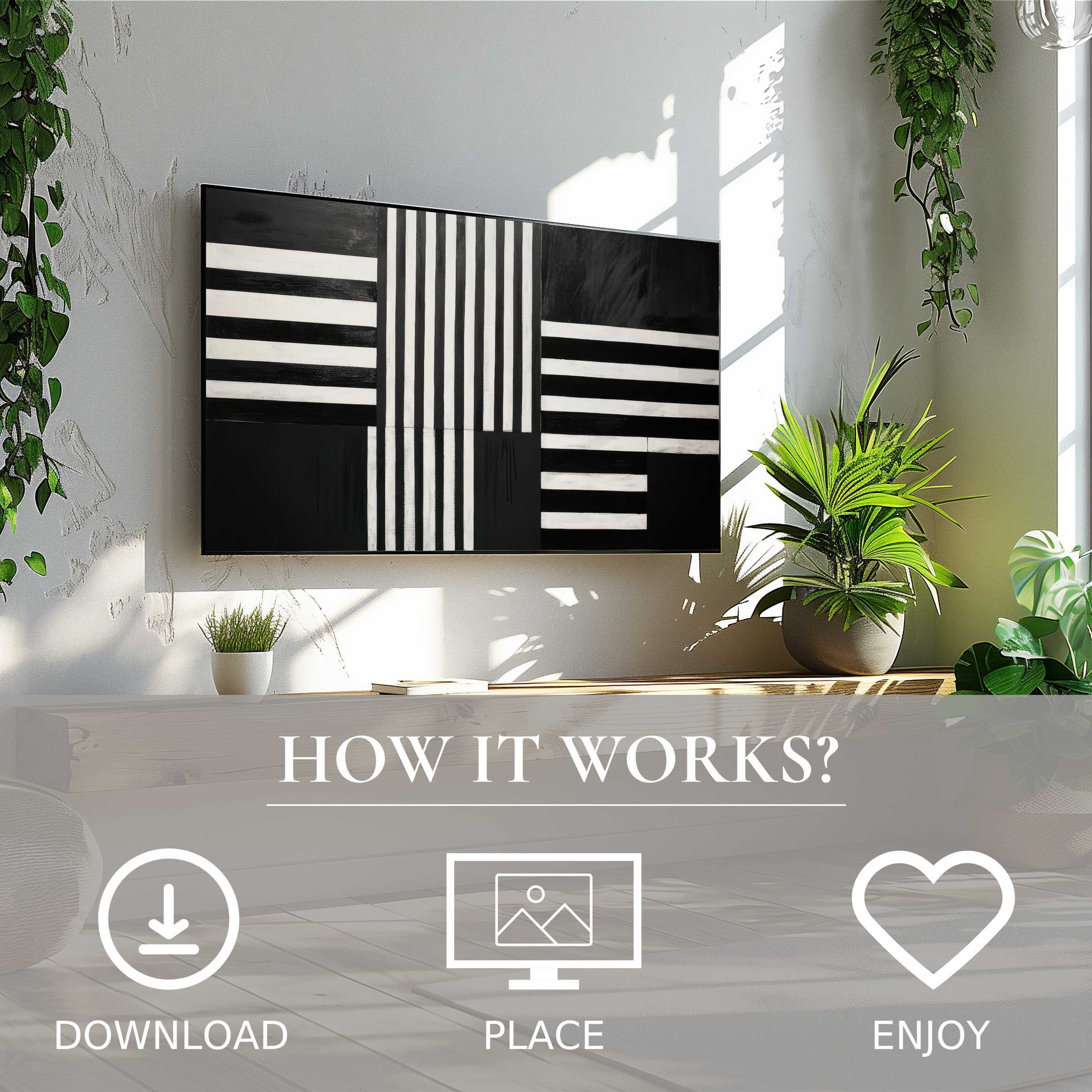 Black and white art for Samsung TV featuring bold stripes, easy digital download, enhancing modern living spaces